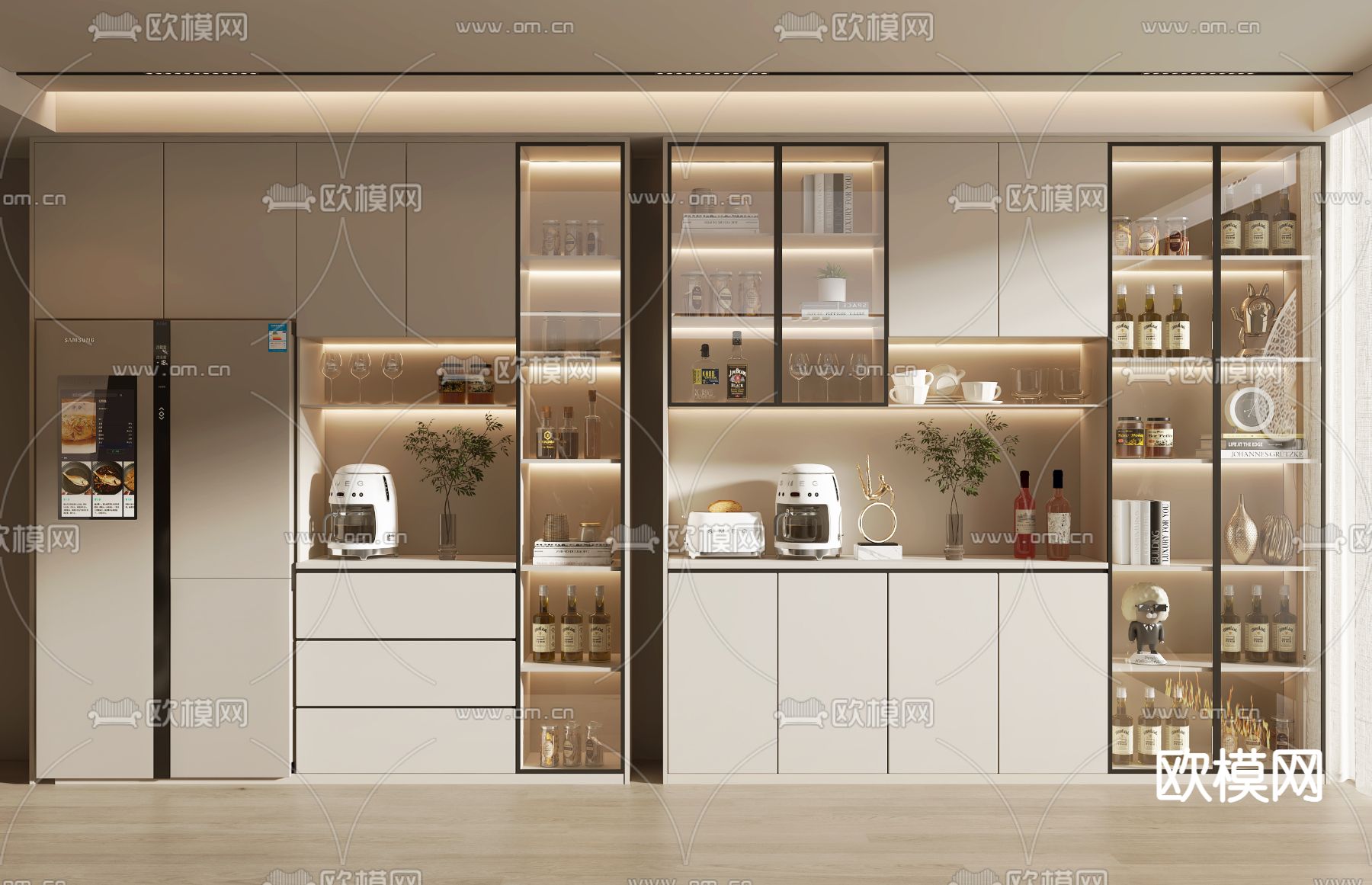奶油风酒柜su模型下载（渲染图1）