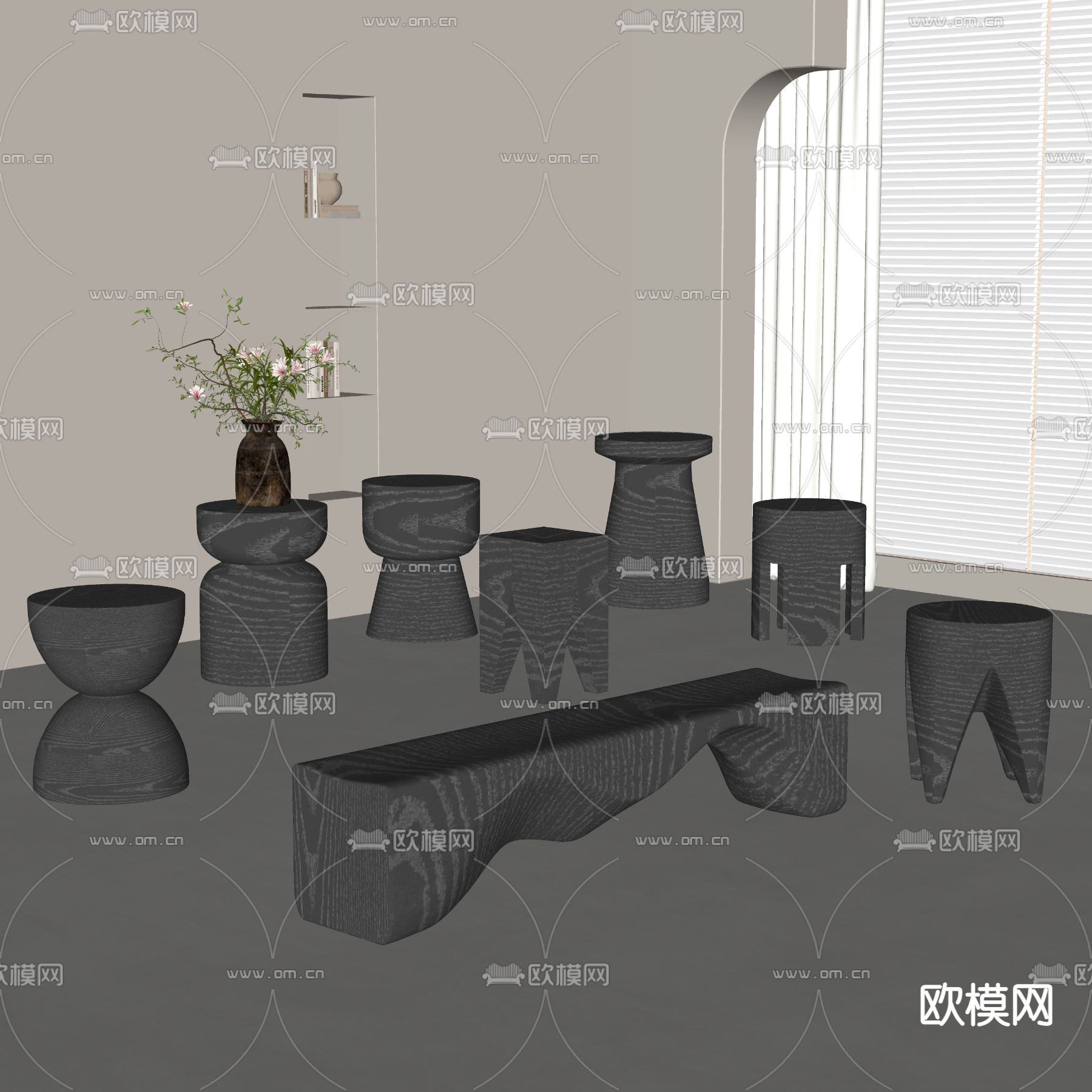 侘寂风长凳 圆凳 凳子su模型下载（渲染图2）