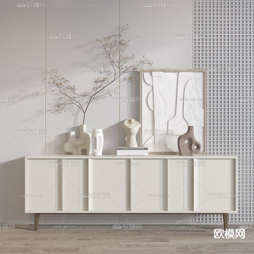 奶油风电视柜su模型下载（渲染图1）