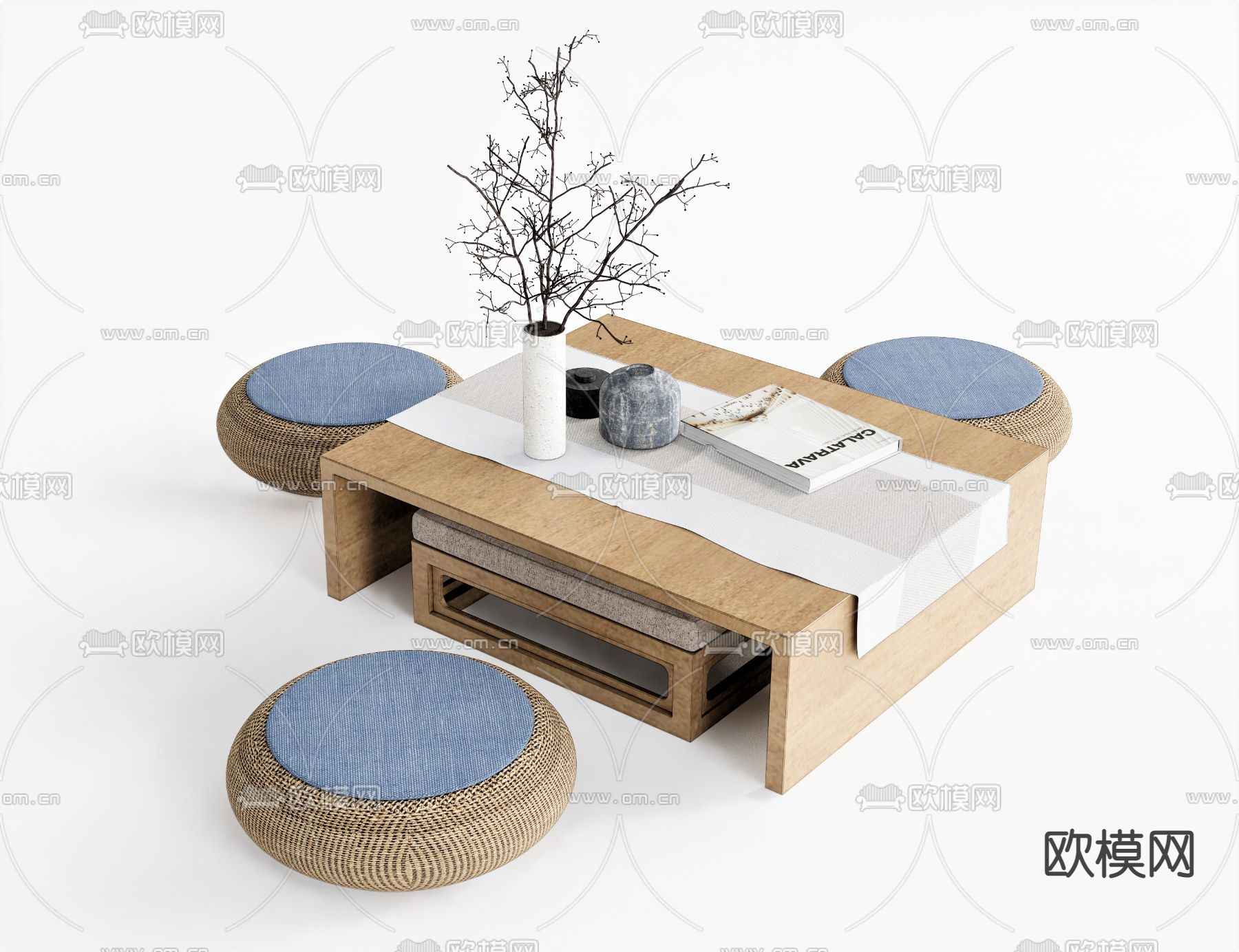 日式实木茶桌椅su模型下载（渲染图1）