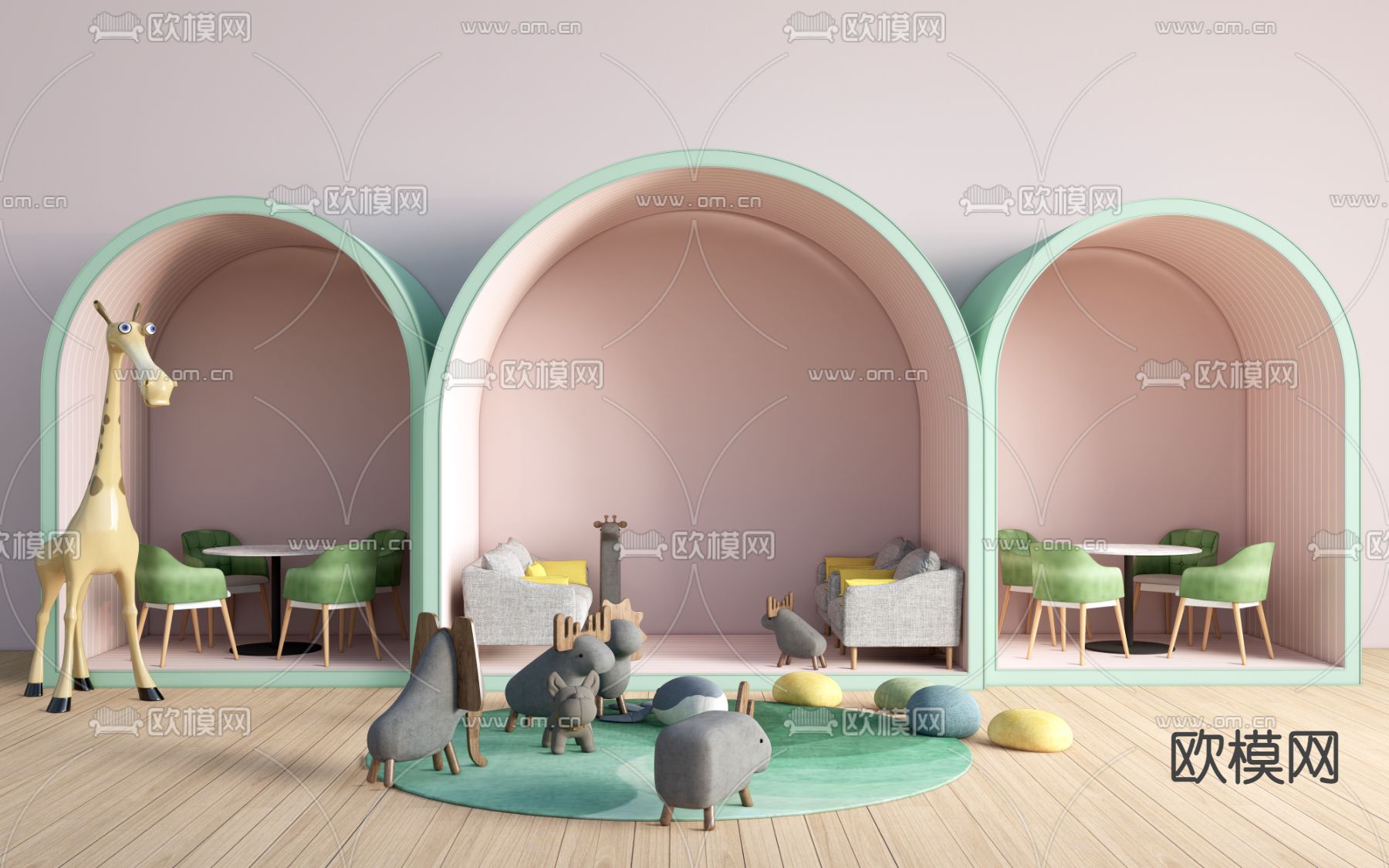 现代儿童桌椅su模型下载（渲染图1）