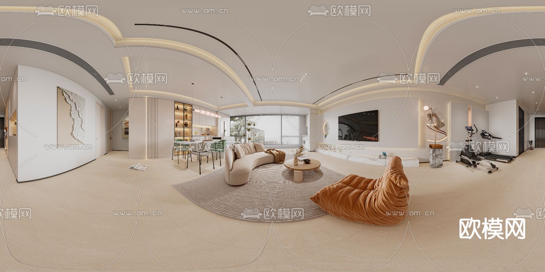 奶油风客厅 餐厅vr全景3d模型