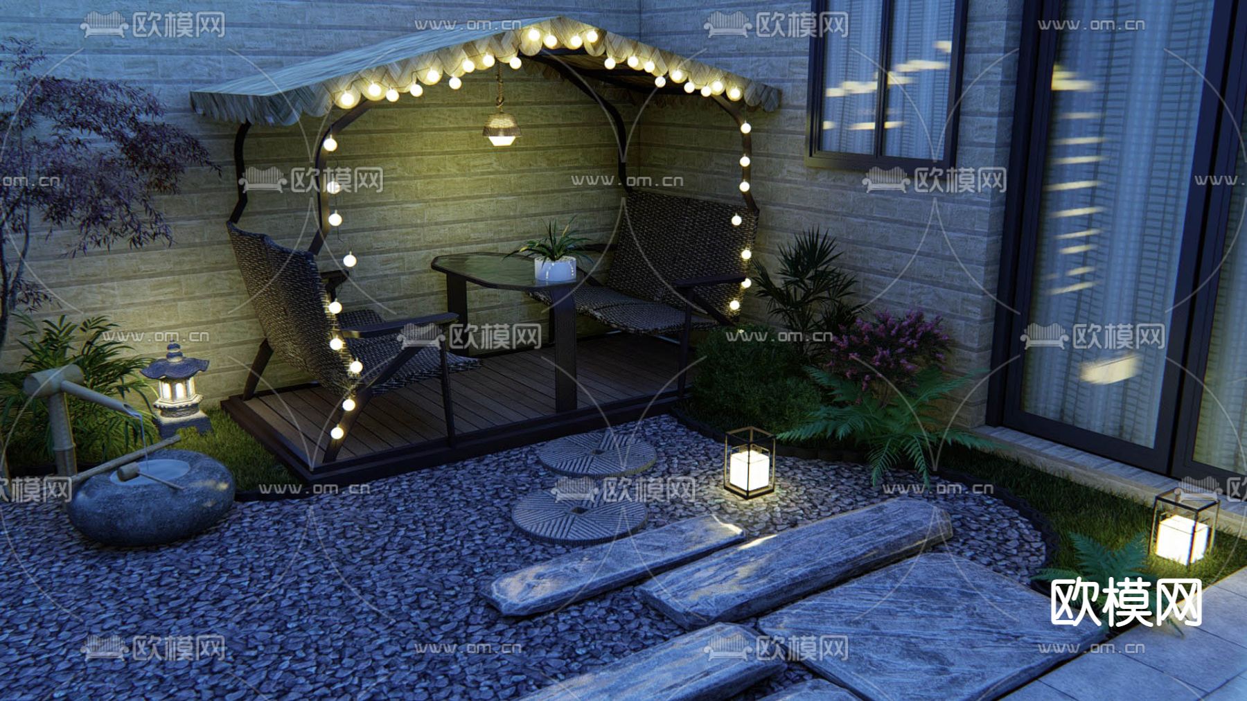 庭院夜景su模型下载（渲染图1）