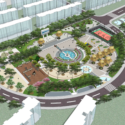  休闲广场 公园鸟瞰su模型 