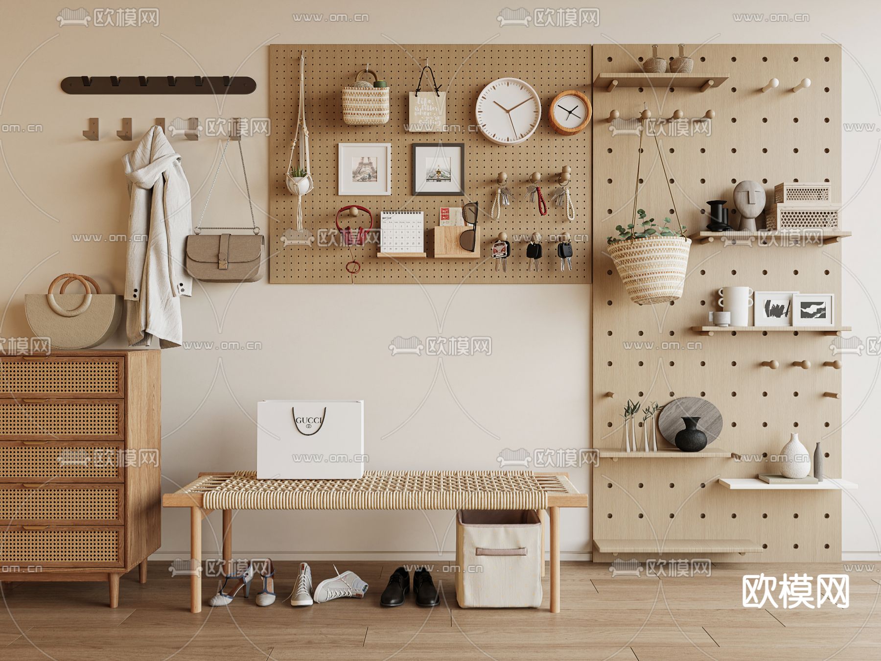 换鞋凳 长凳子 洞洞板3d模型下载（渲染图1）