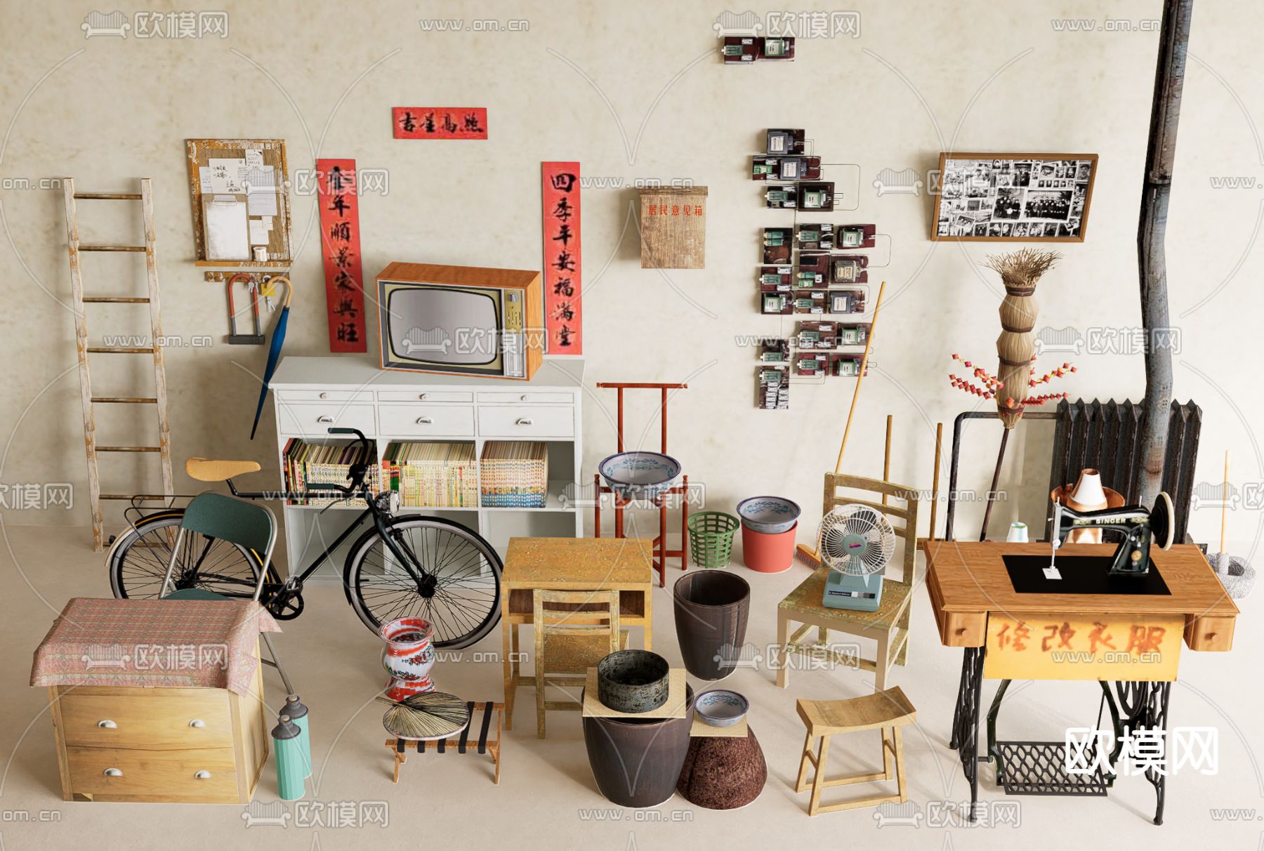 中式书柜 斗柜 缝纫机 老物件su模型下载（渲染图1）
