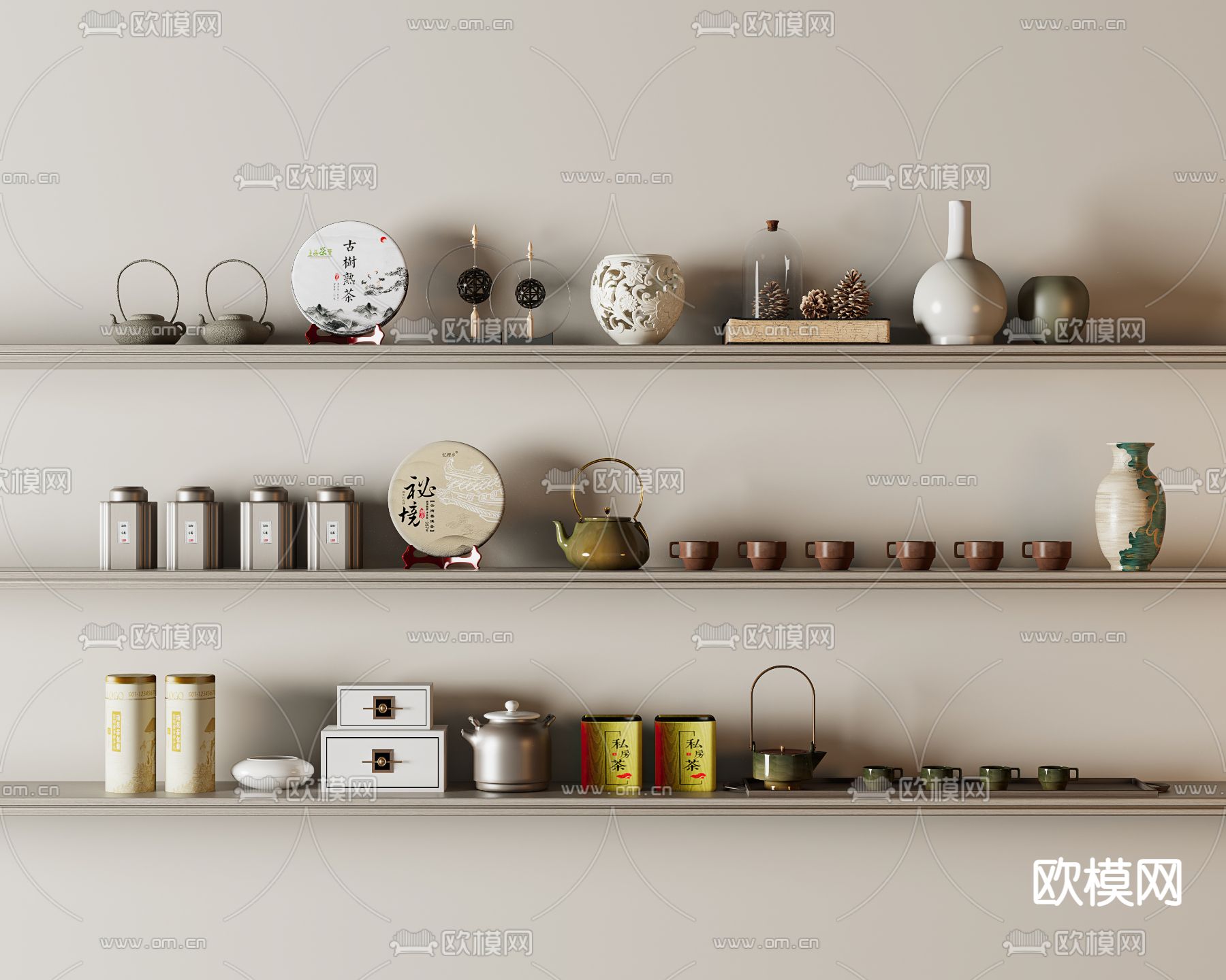 新中式茶具 茶饼 茶叶 茶壶su模型下载（渲染图1）