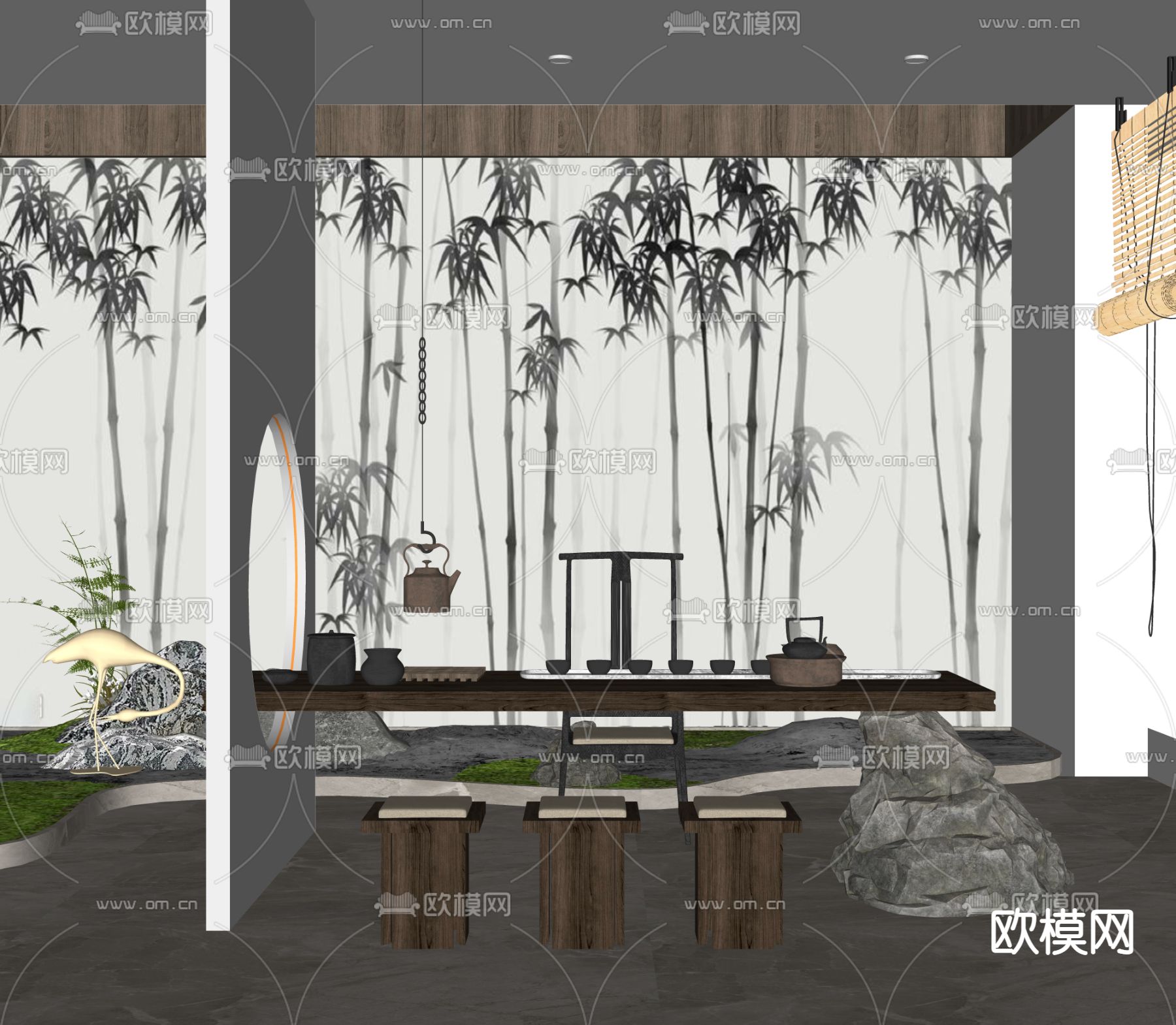 中式禅意茶室su模型下载（渲染图2）