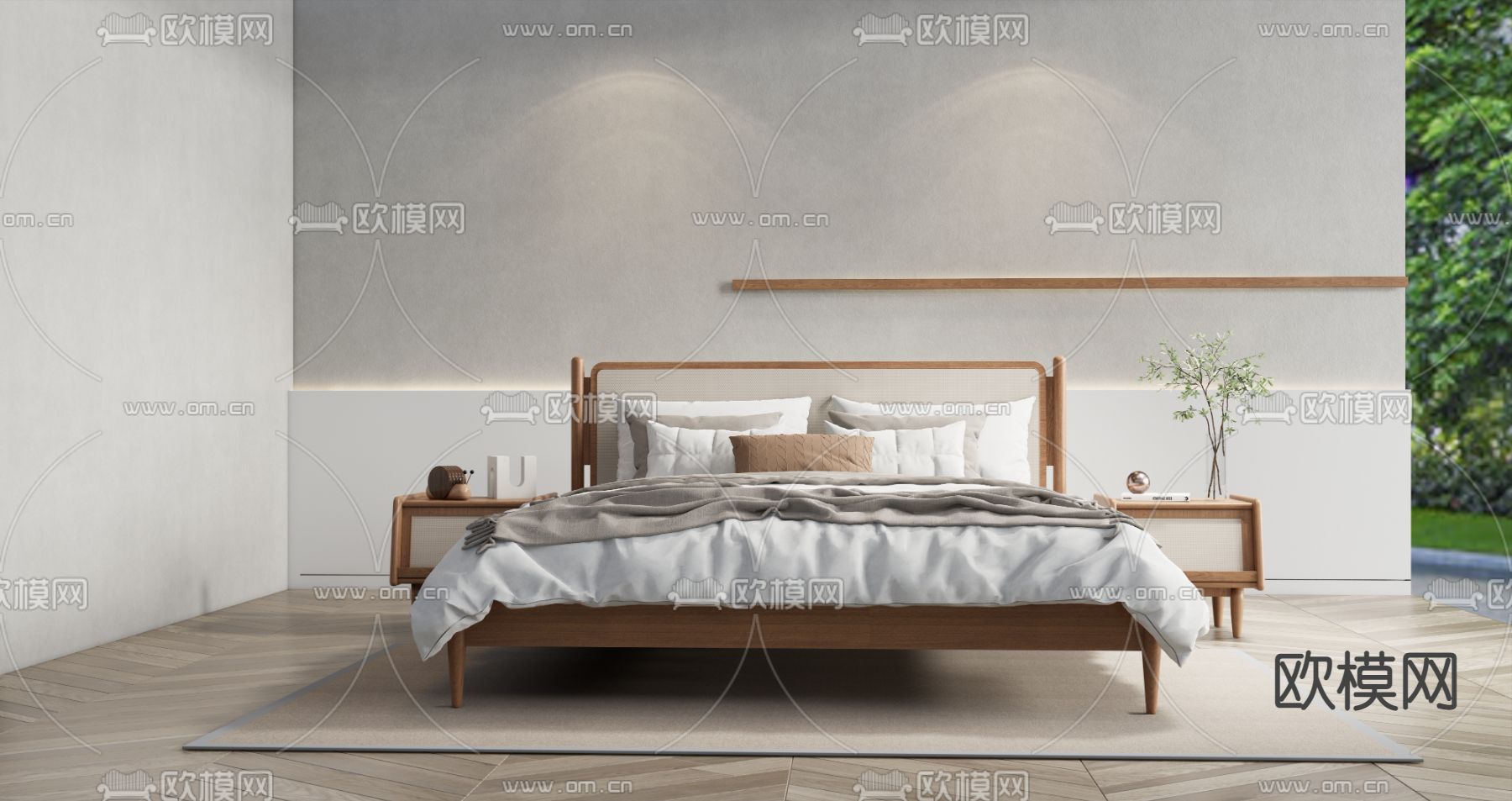 现代原木双人床su模型下载（渲染图1）