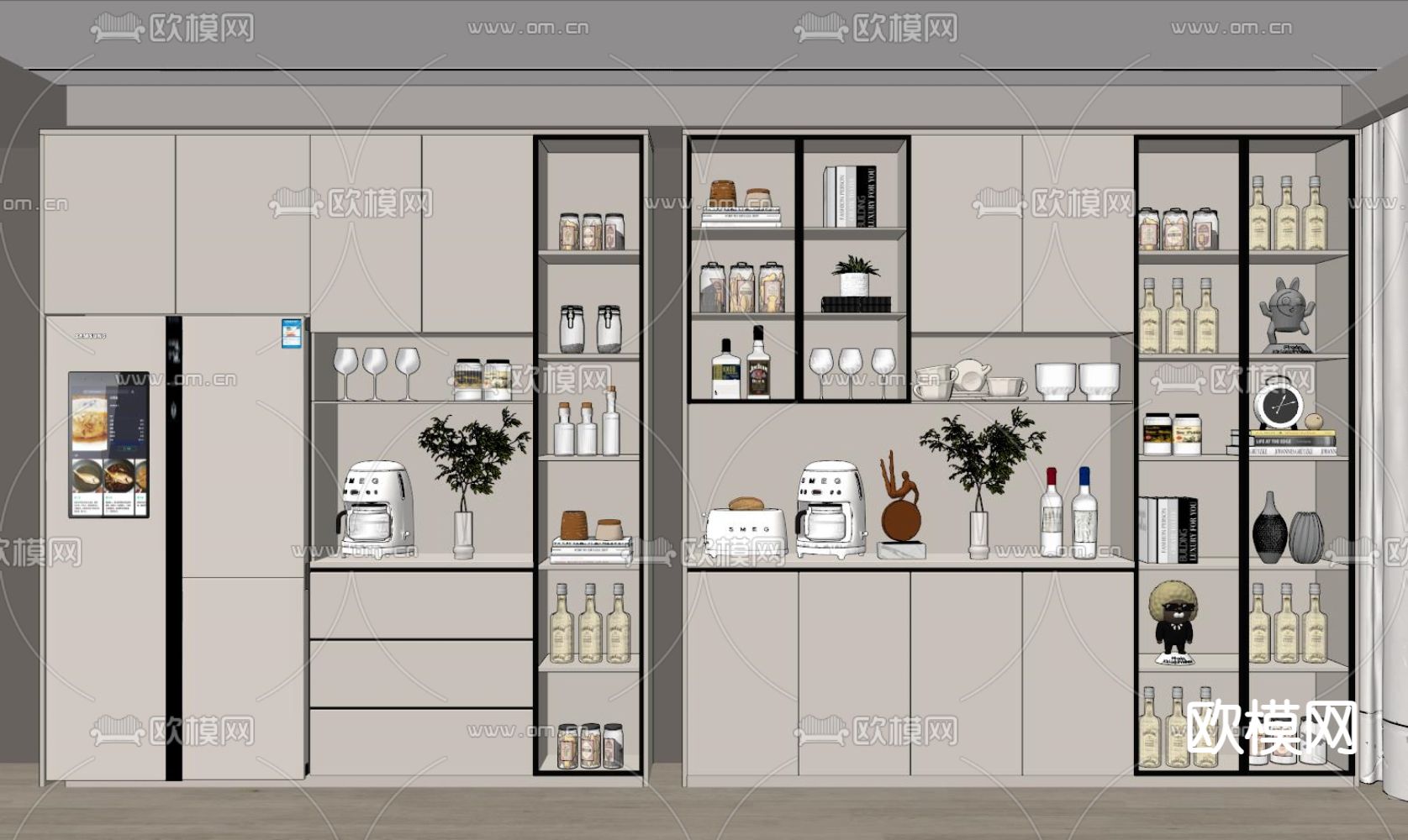 奶油风酒柜su模型下载（渲染图2）