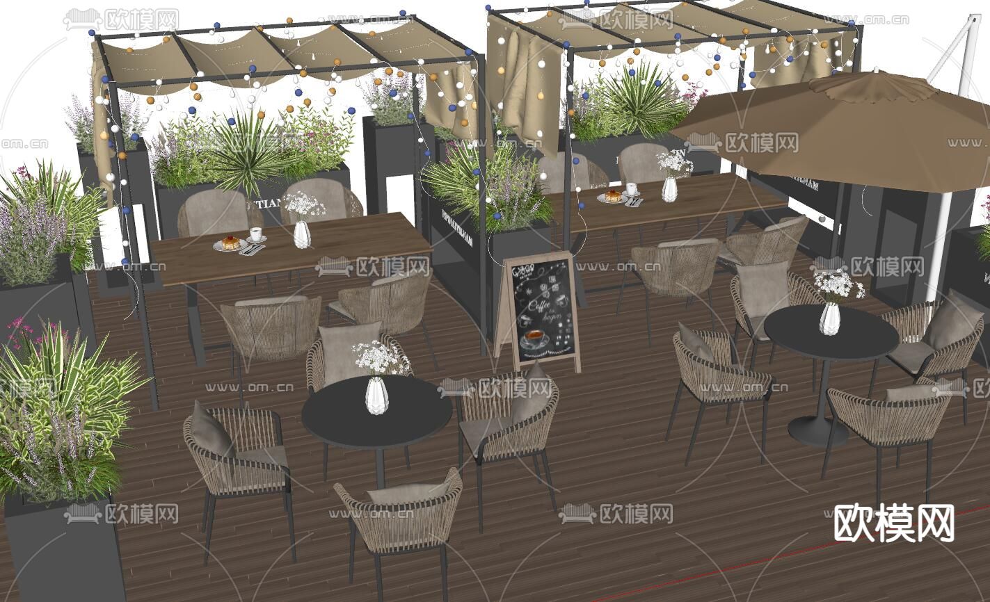 现代户外桌椅 商业外摆su模型下载（渲染图2）