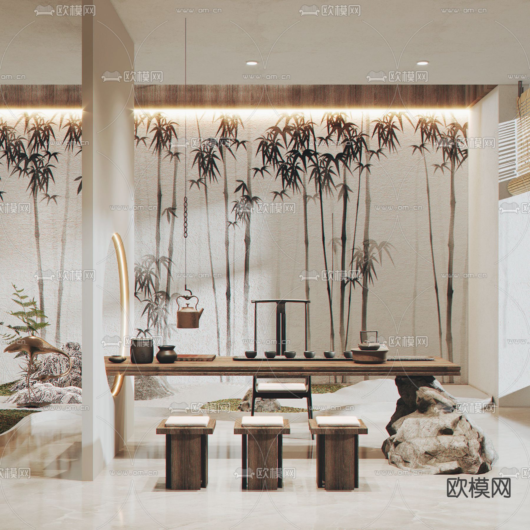 中式禅意茶室su模型下载（渲染图1）