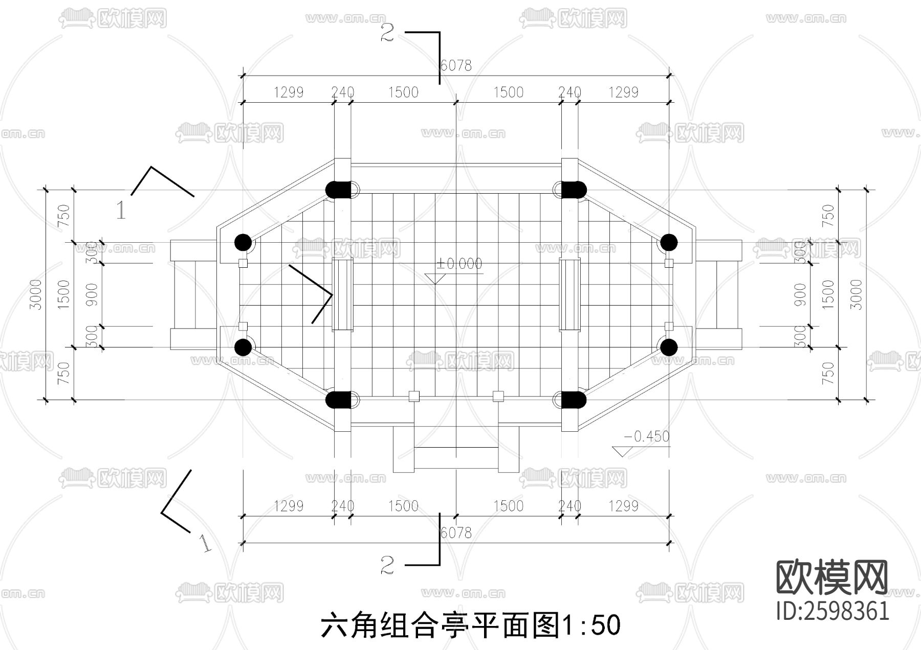 六角组合亭CAD施工图下载（渲染图3）