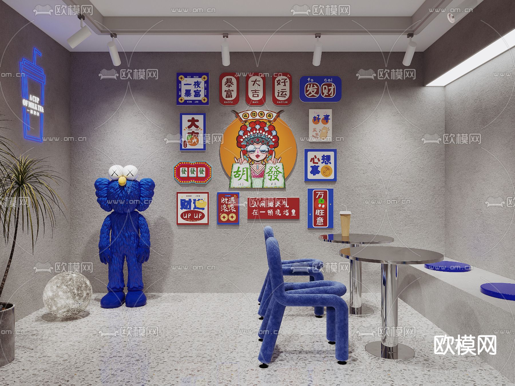 现代奶茶店 拍照打卡区su模型下载（渲染图1）