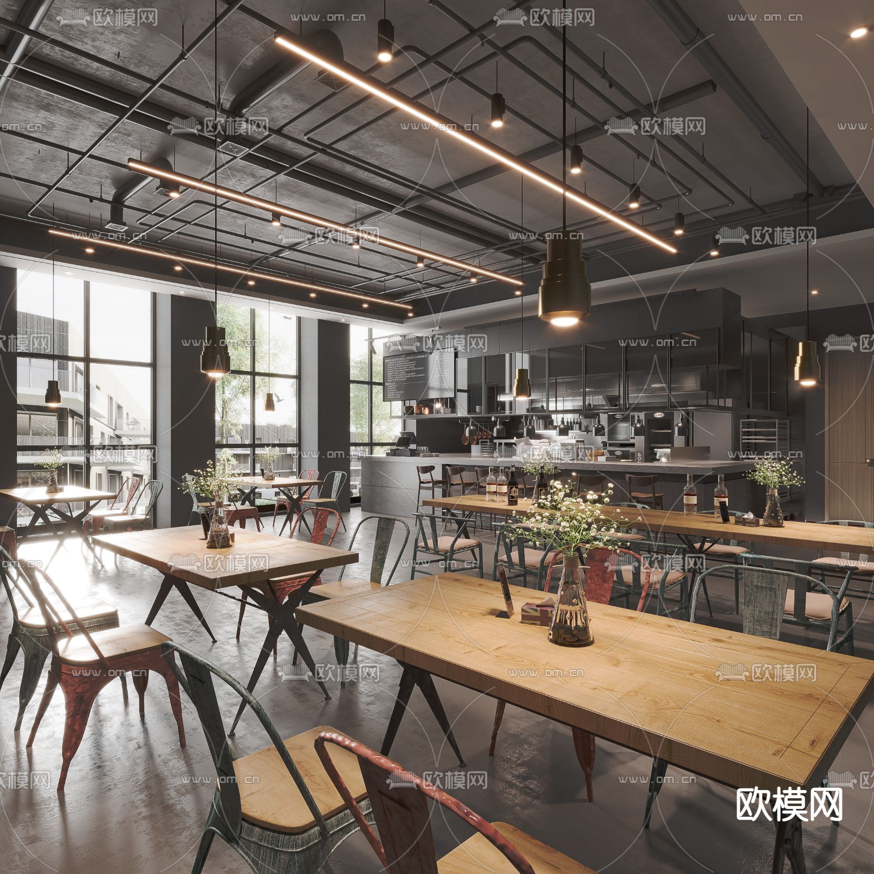 工业风咖啡厅 咖啡店3d模型下载_ID14047821_3dmax免费模型-欧模网