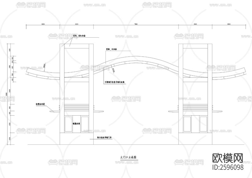 小區(qū)入口建筑設(shè)計CAD施工圖下載(渲染圖2)