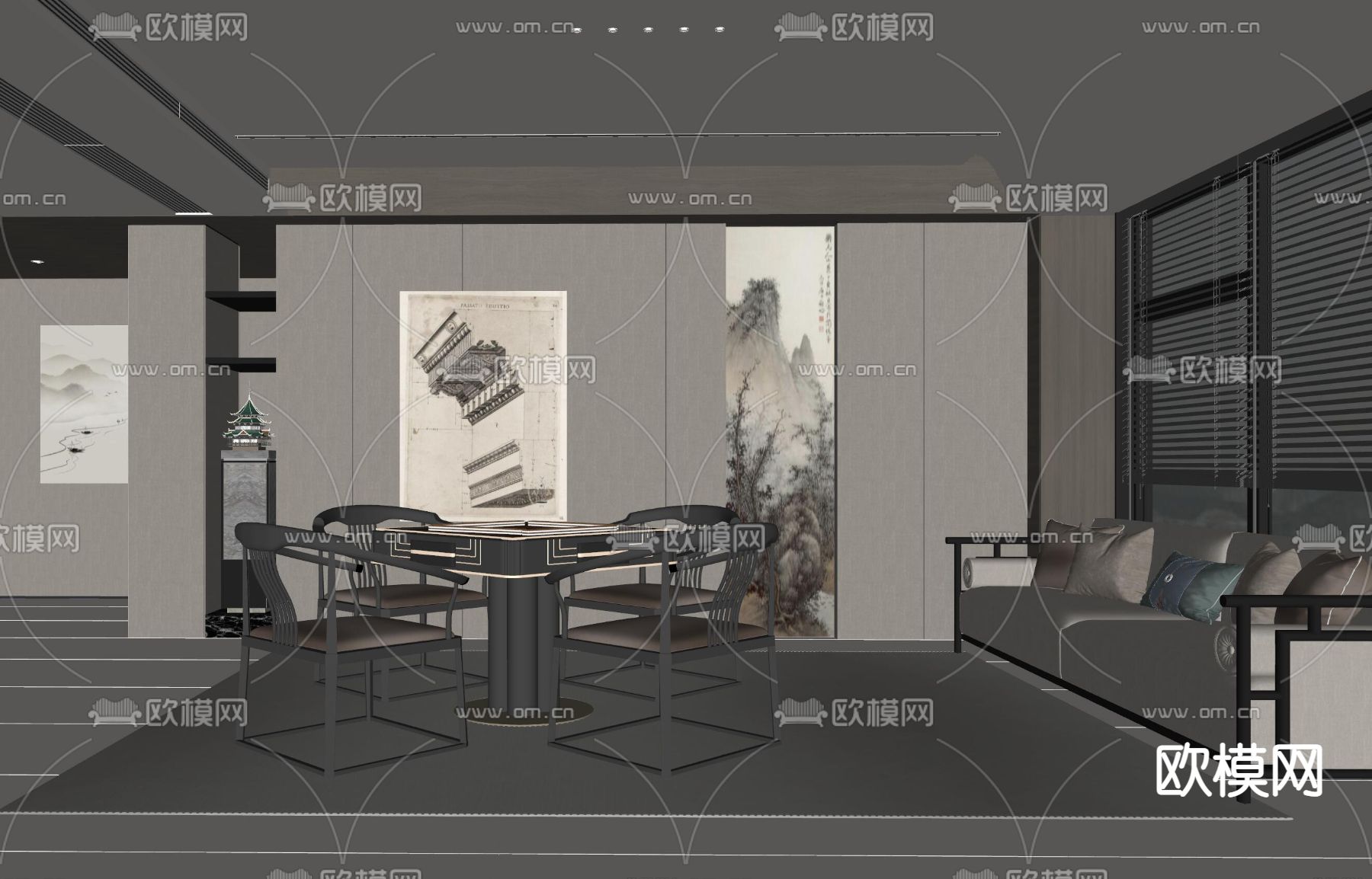 新中式棋牌室su模型下载（渲染图2）
