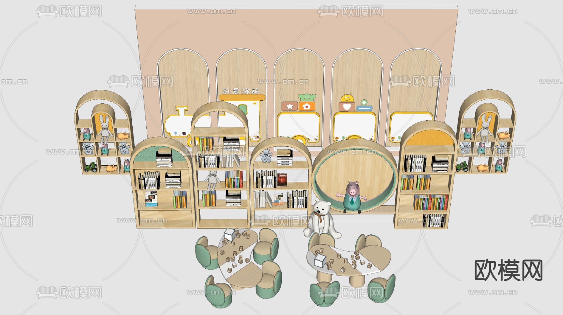 现代儿童桌椅 儿童书架su模型下载（渲染图2）