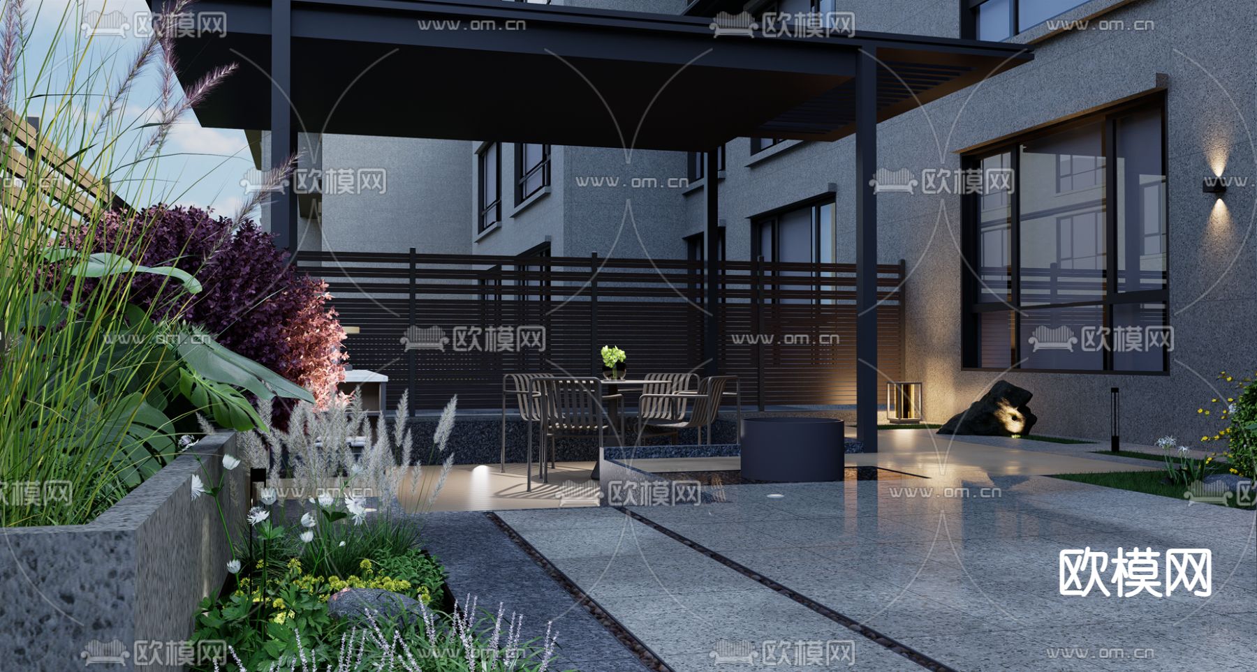 别墅庭院 阳台花园su模型下载（渲染图2）
