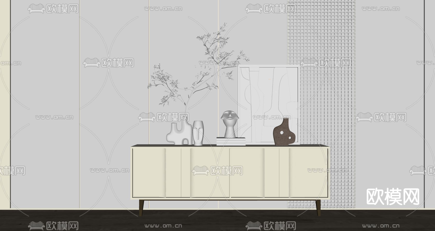 奶油风电视柜su模型下载（渲染图2）