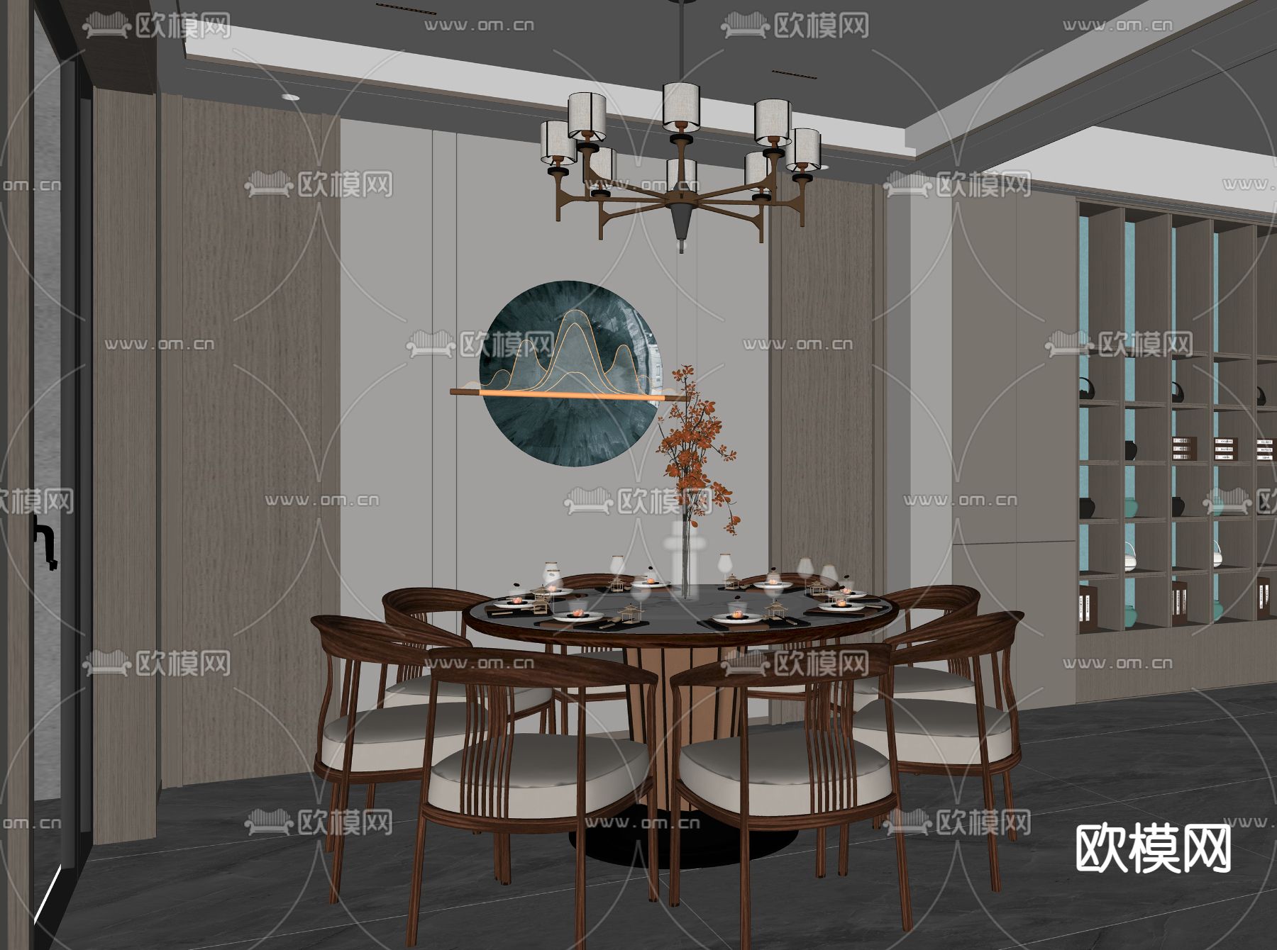 新中式餐厅su模型下载（渲染图2）