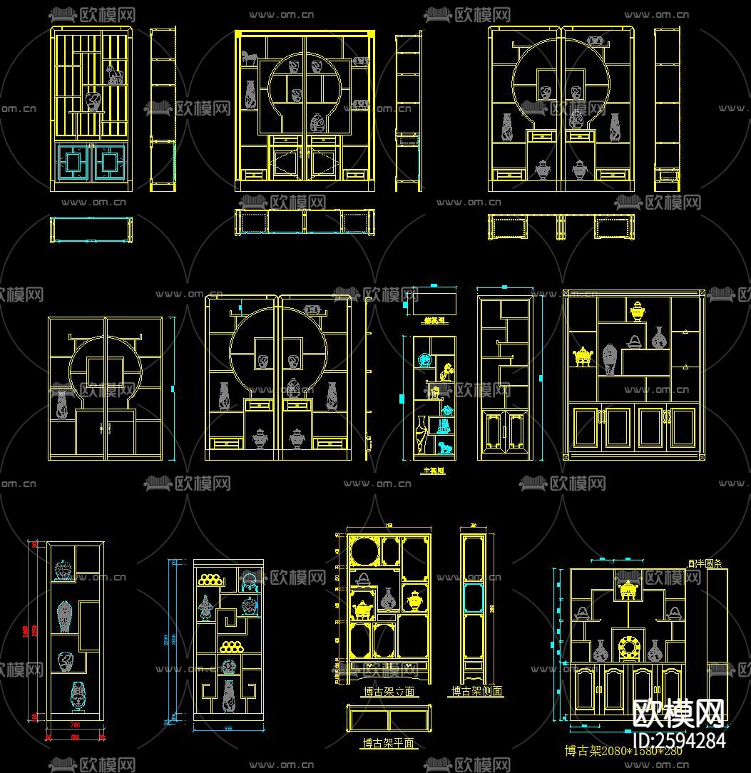 中式博古架酒柜衣帽柜CAD图库下载（渲染图1）