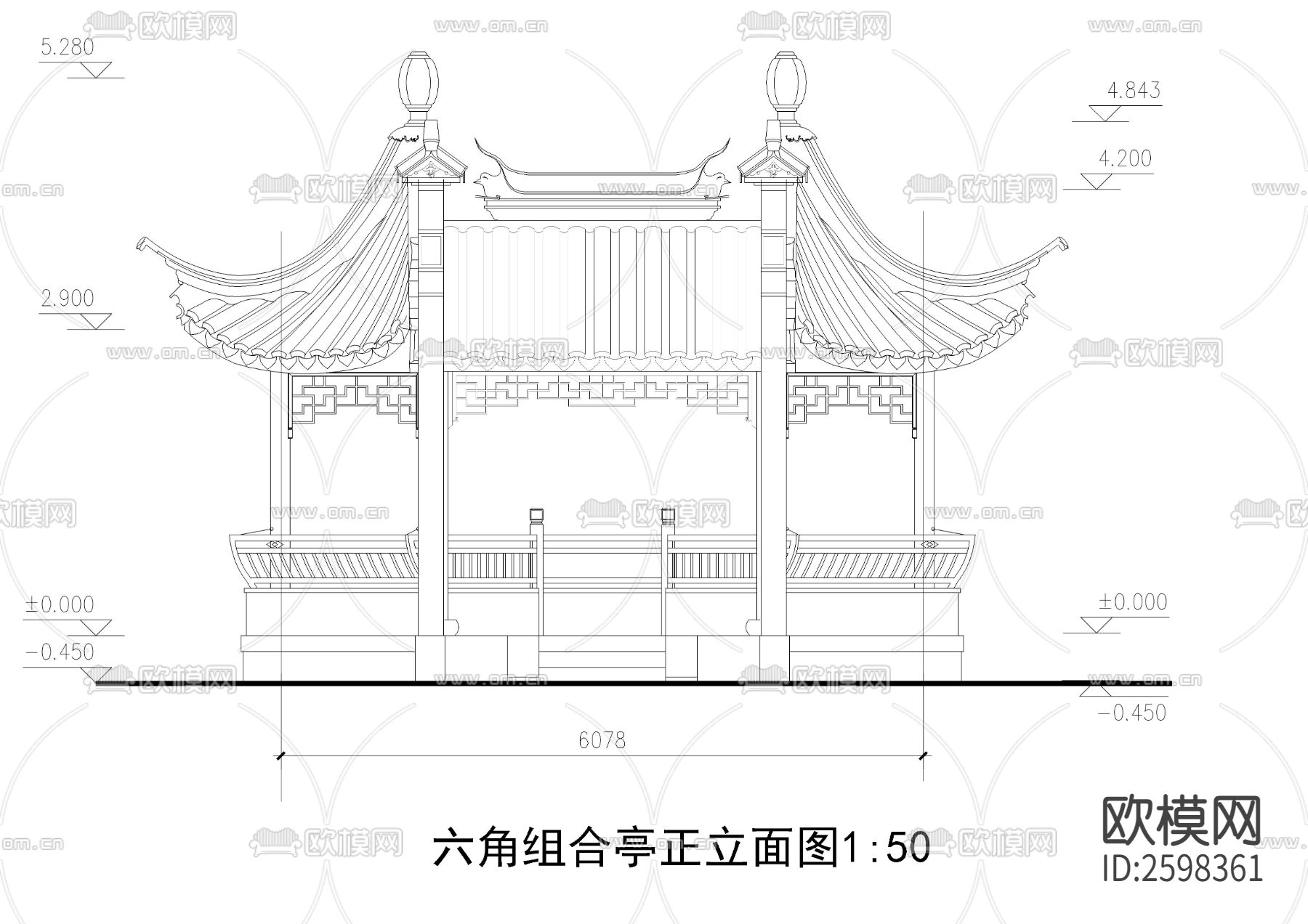六角组合亭CAD施工图下载（渲染图2）