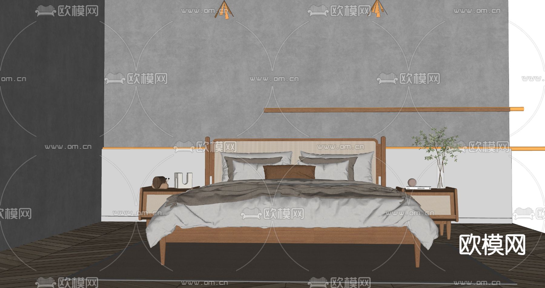 现代原木双人床su模型下载（渲染图2）