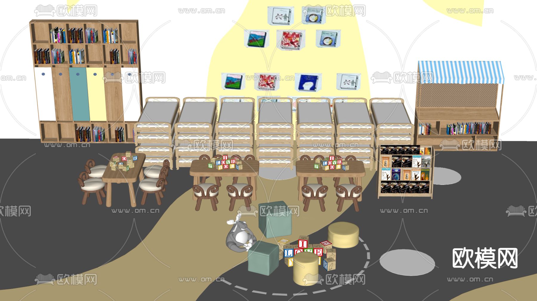 现代儿童桌椅su模型下载（渲染图2）