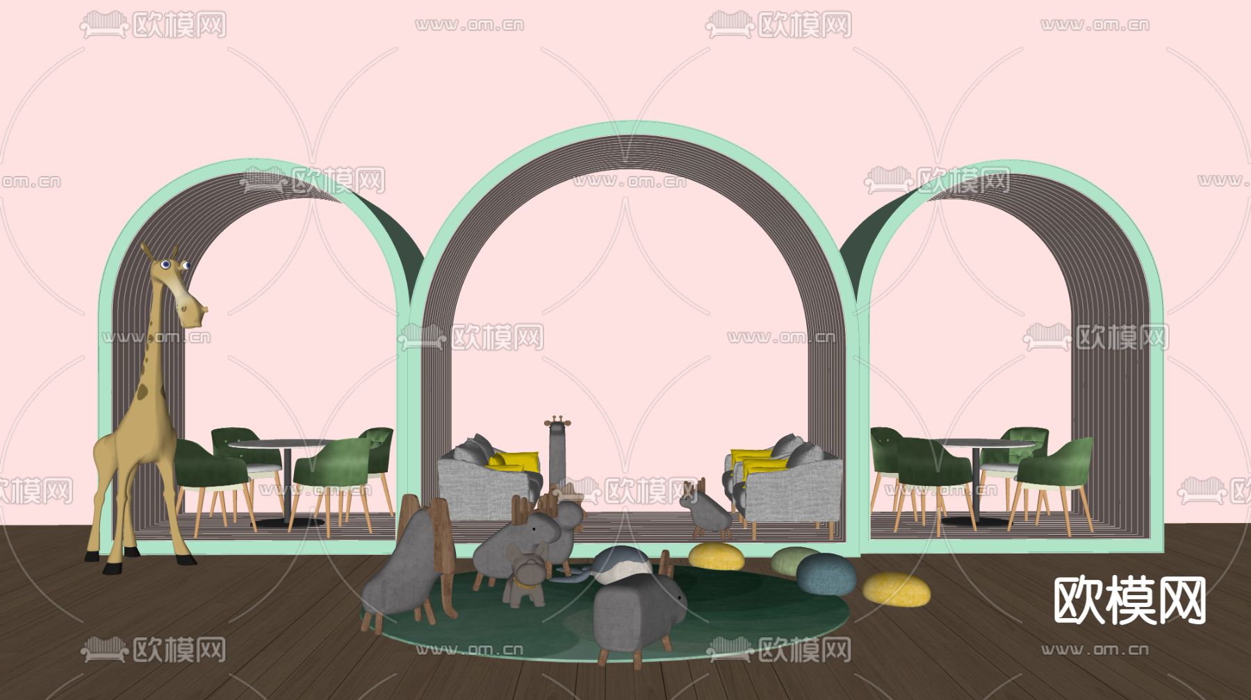 现代儿童桌椅su模型下载（渲染图2）