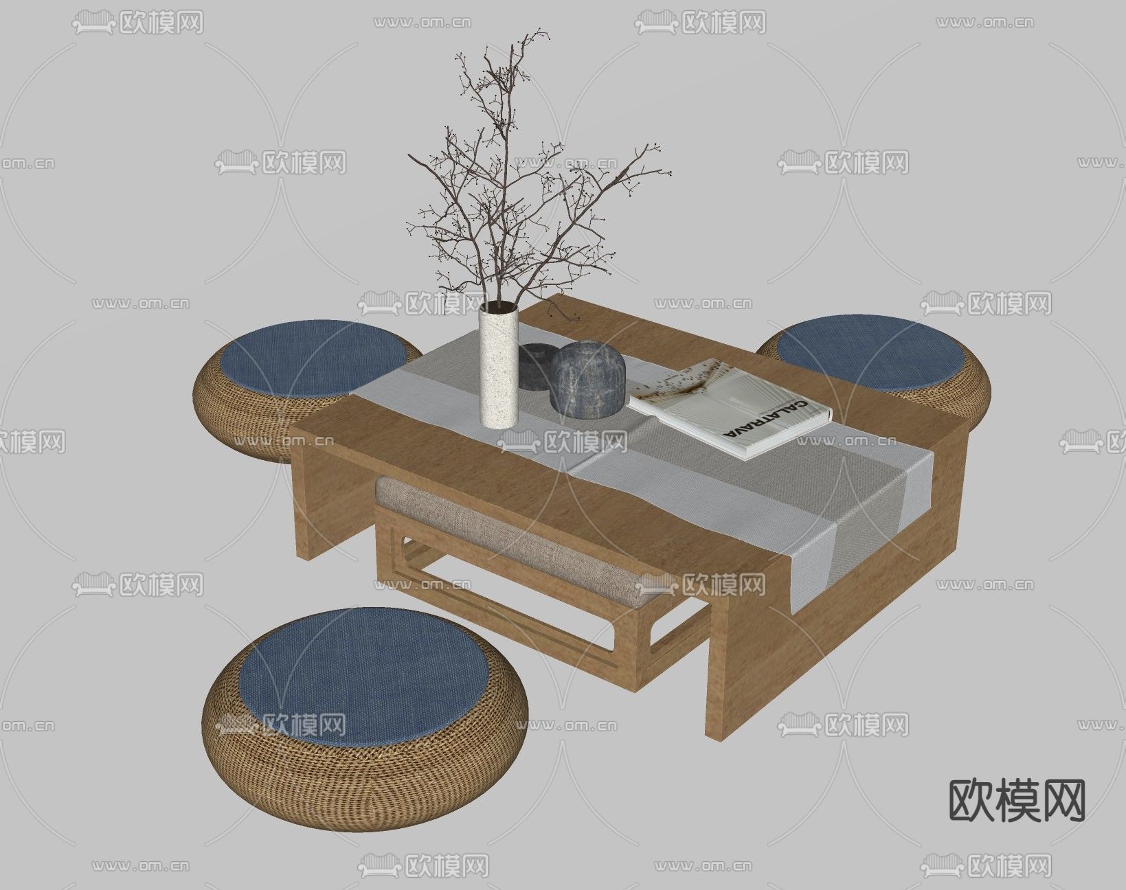 日式实木茶桌椅su模型下载（渲染图2）