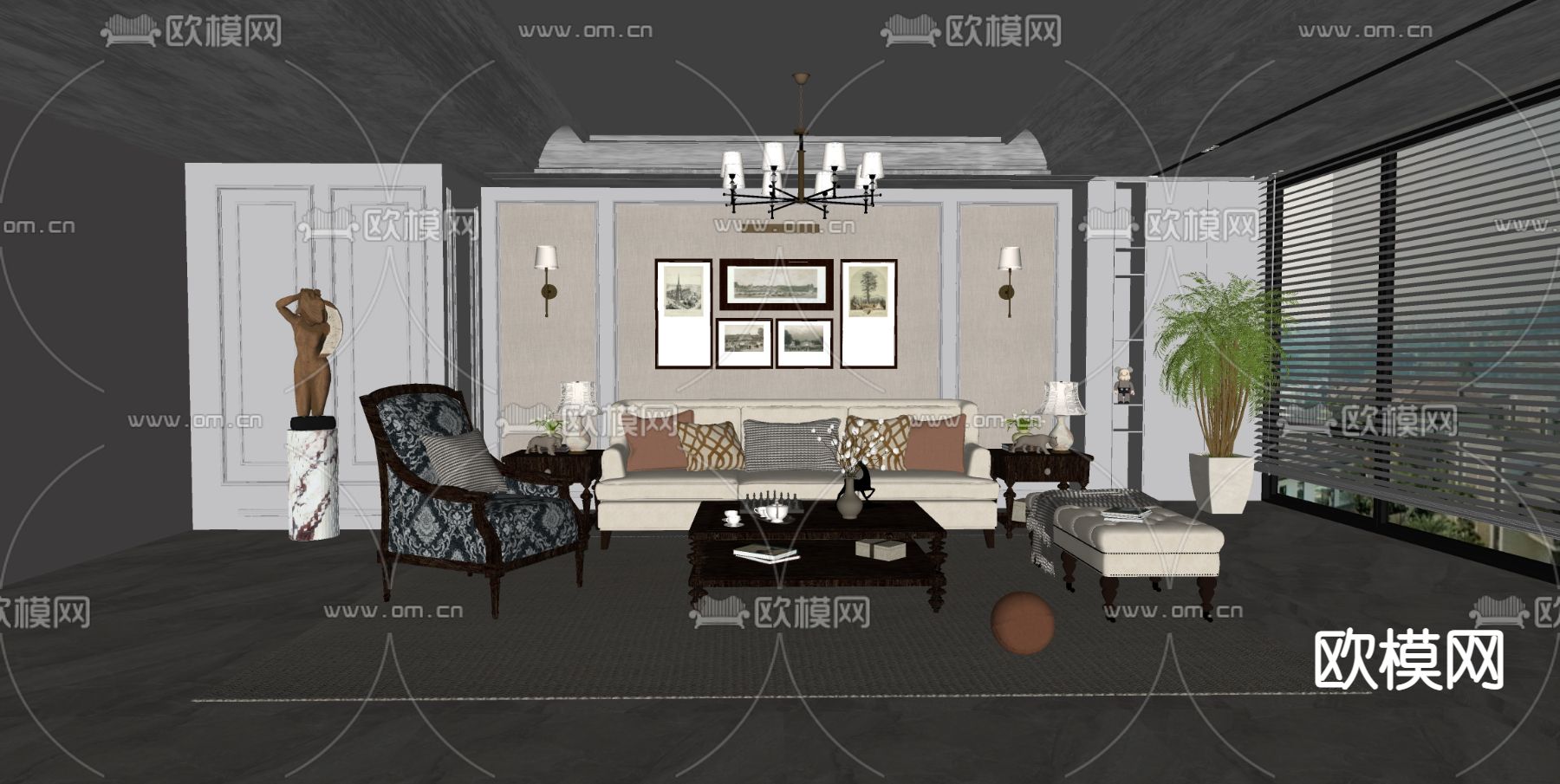 美式客厅su模型下载（渲染图2）