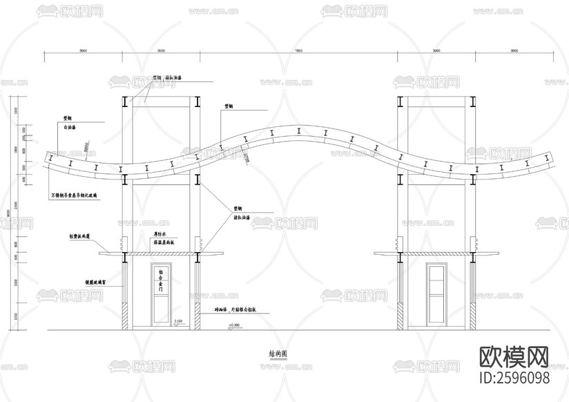小區(qū)入口建筑設(shè)計CAD施工圖下載(渲染圖3)