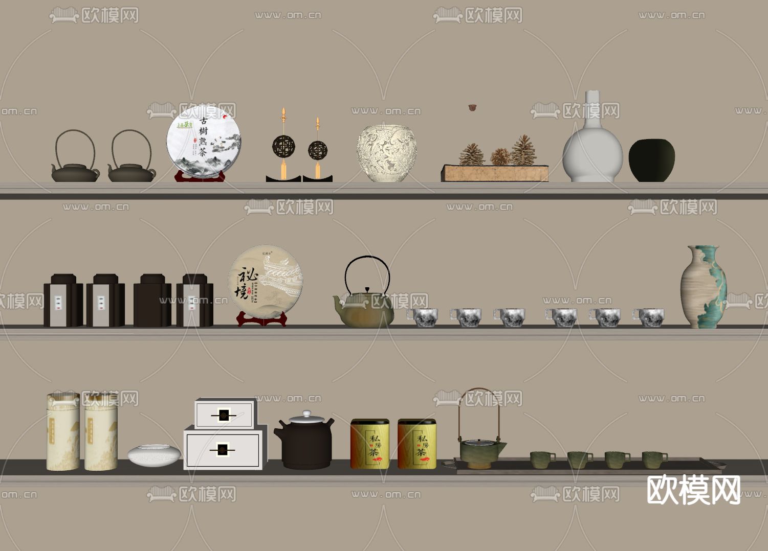 新中式茶具 茶饼 茶叶 茶壶su模型下载（渲染图2）
