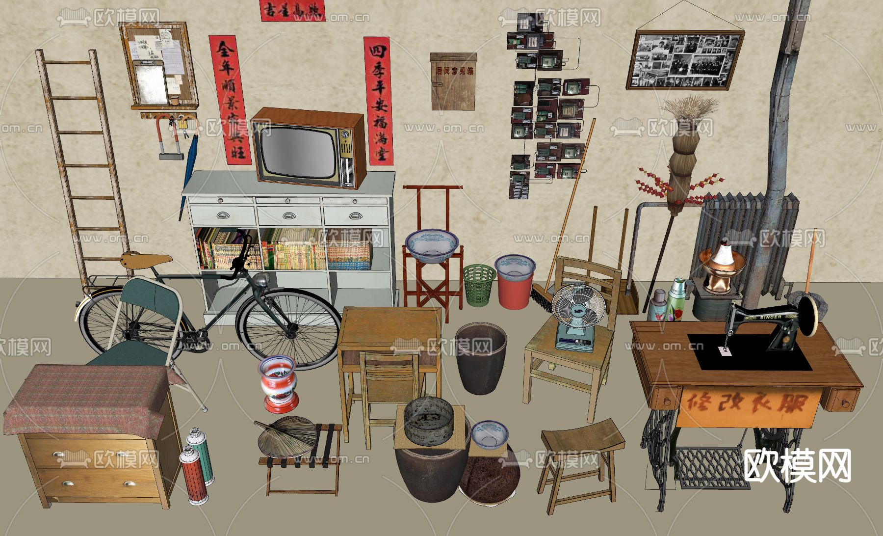 中式书柜 斗柜 缝纫机 老物件su模型下载（渲染图2）