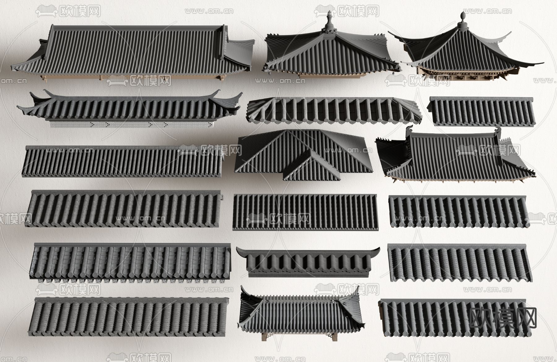中式屋檐 瓦片 屋顶 屋脊3d模型下载