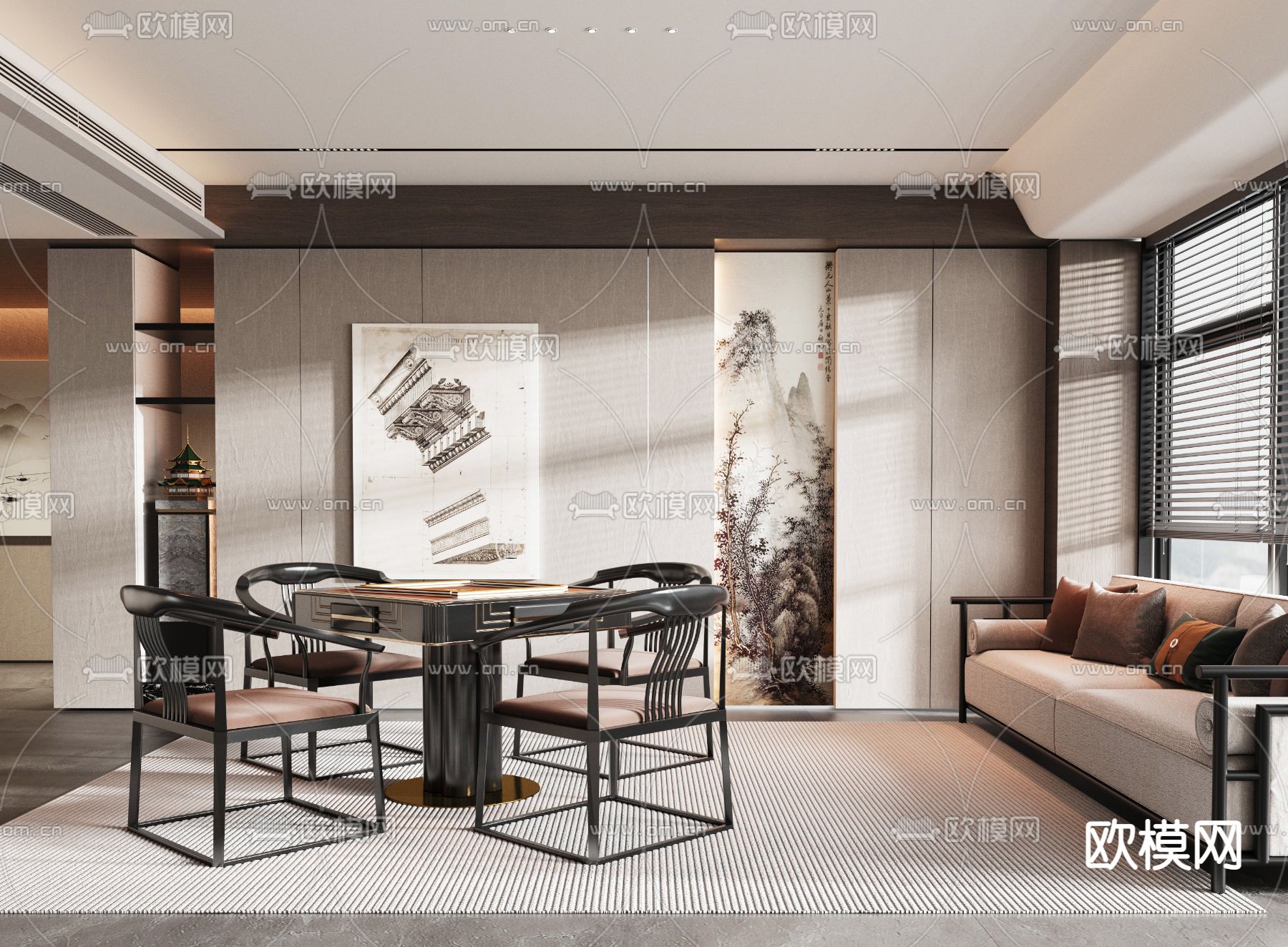 新中式棋牌室su模型下载（渲染图1）