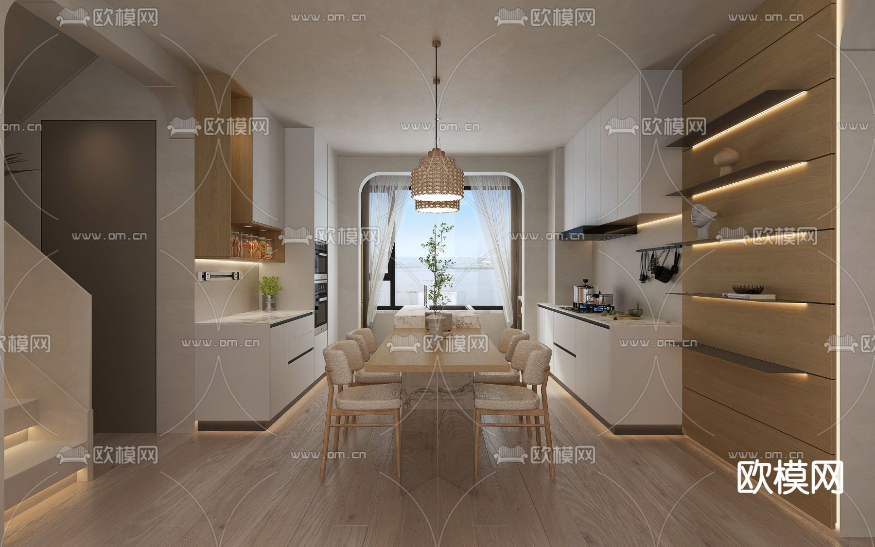 侘寂风厨房 餐厅免费3d模型下载（渲染图1）