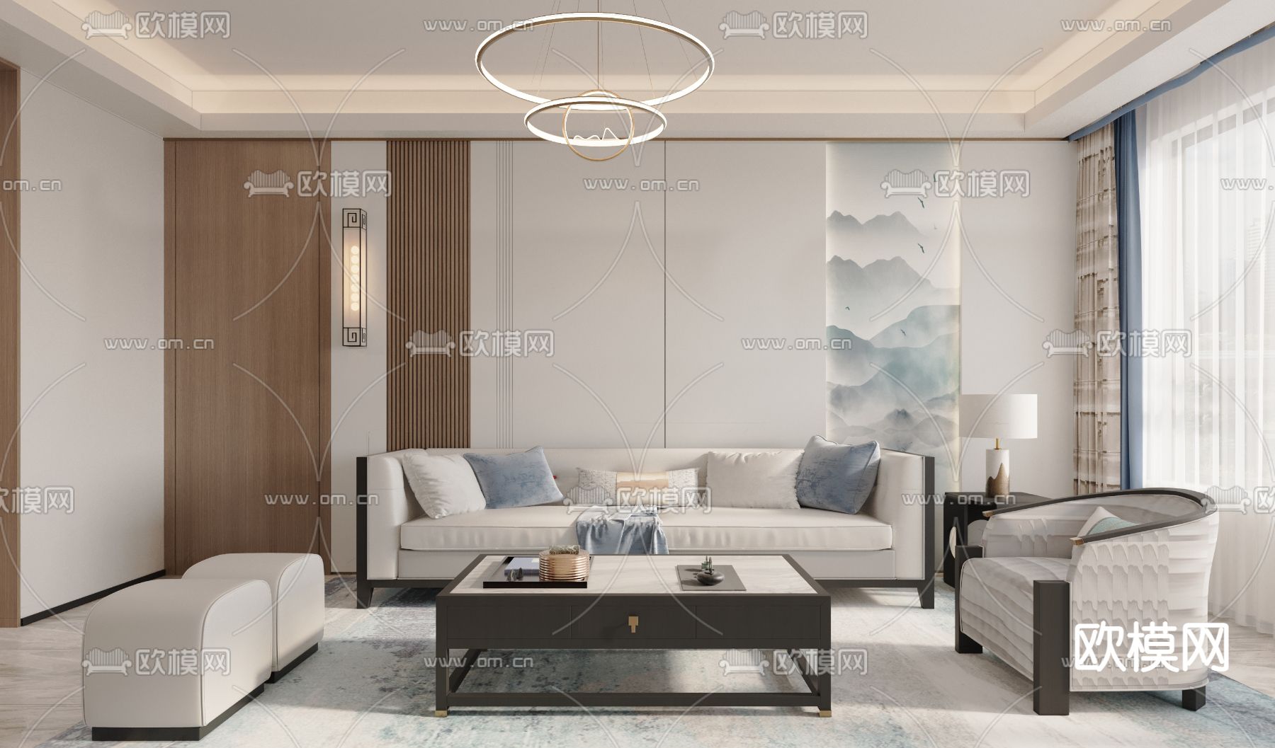 新中式客厅 餐厅免费3d模型下载（渲染图1）