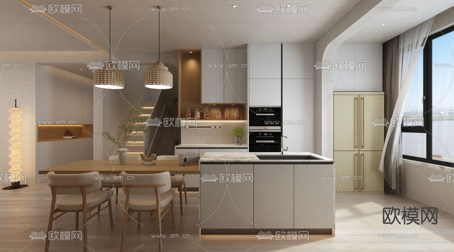 侘寂风厨房 餐厅免费3d模型下载（渲染图3）