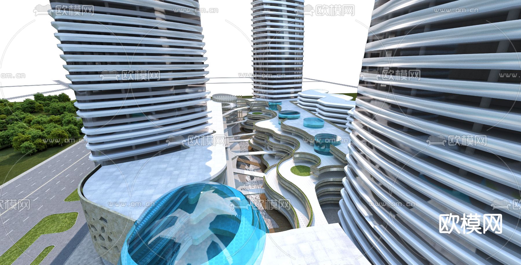 现代商业综合办公楼免费3d模型下载（渲染图1）