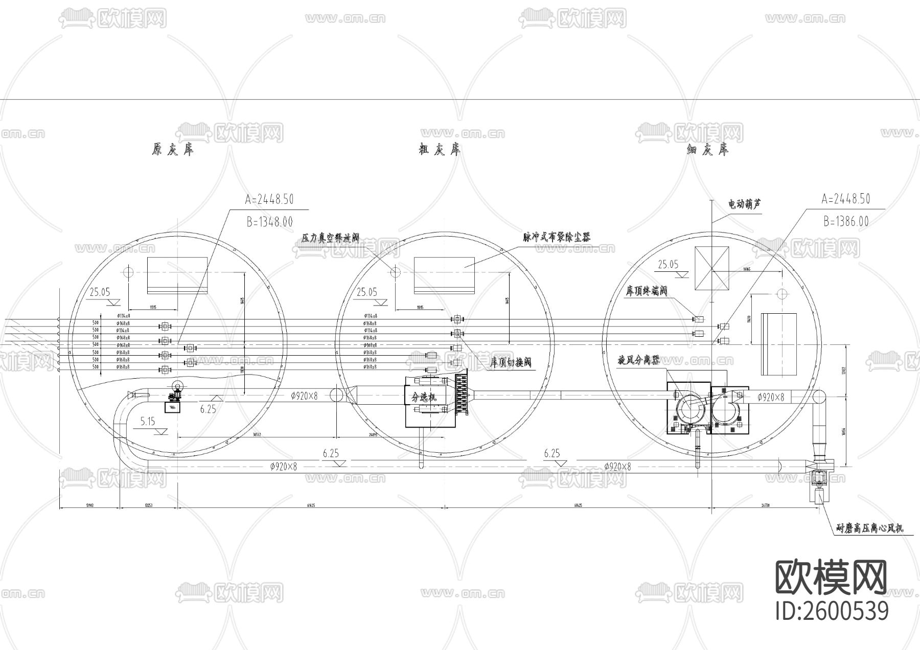 粉煤灰分选系统库顶CAD图库下载（渲染图1）
