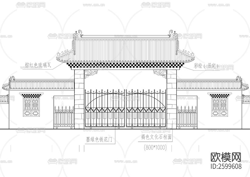 藏區(qū)大門CAD施工圖下載(渲染圖2)
