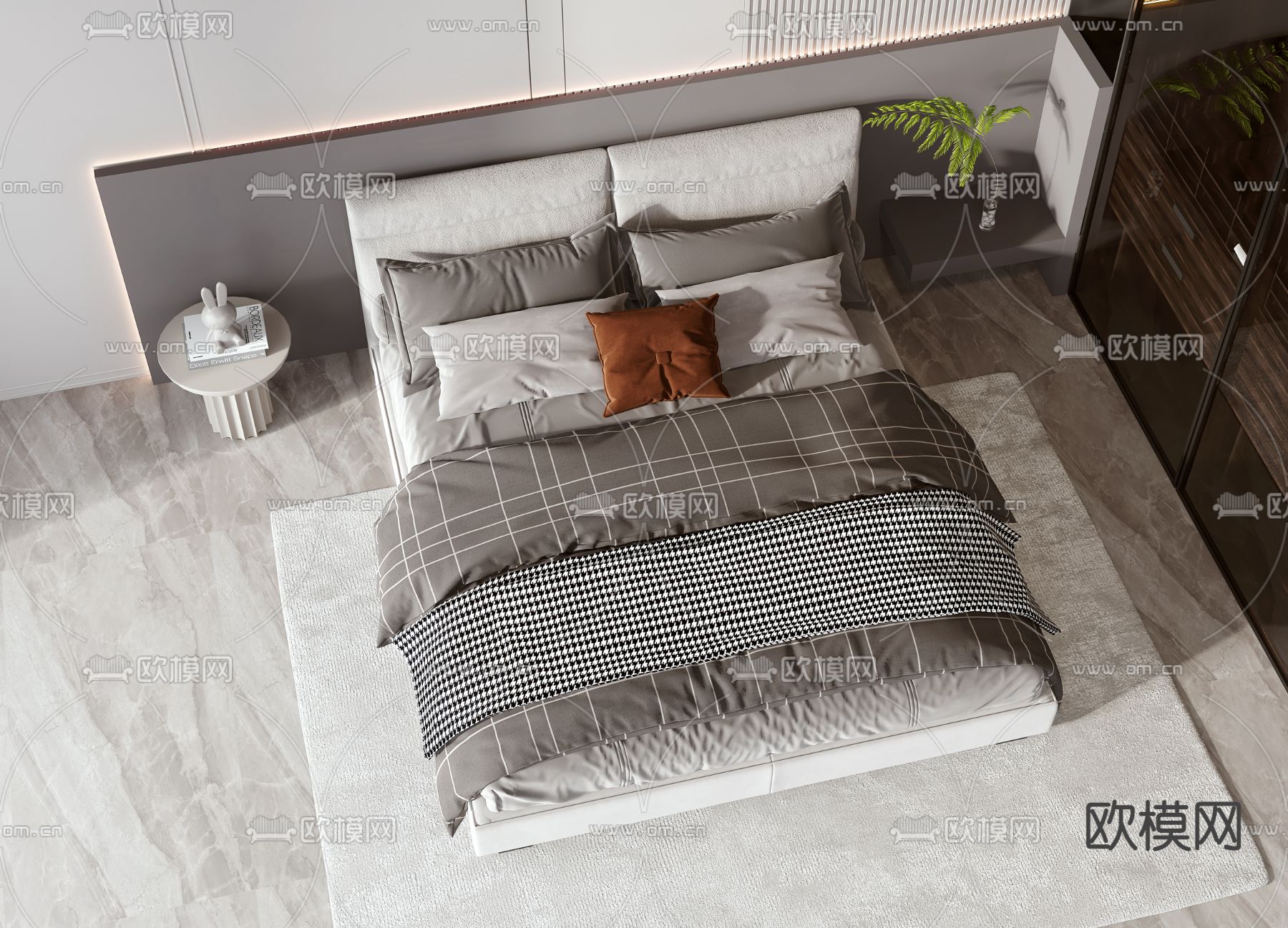 高级灰双人床3d模型下载（渲染图2）