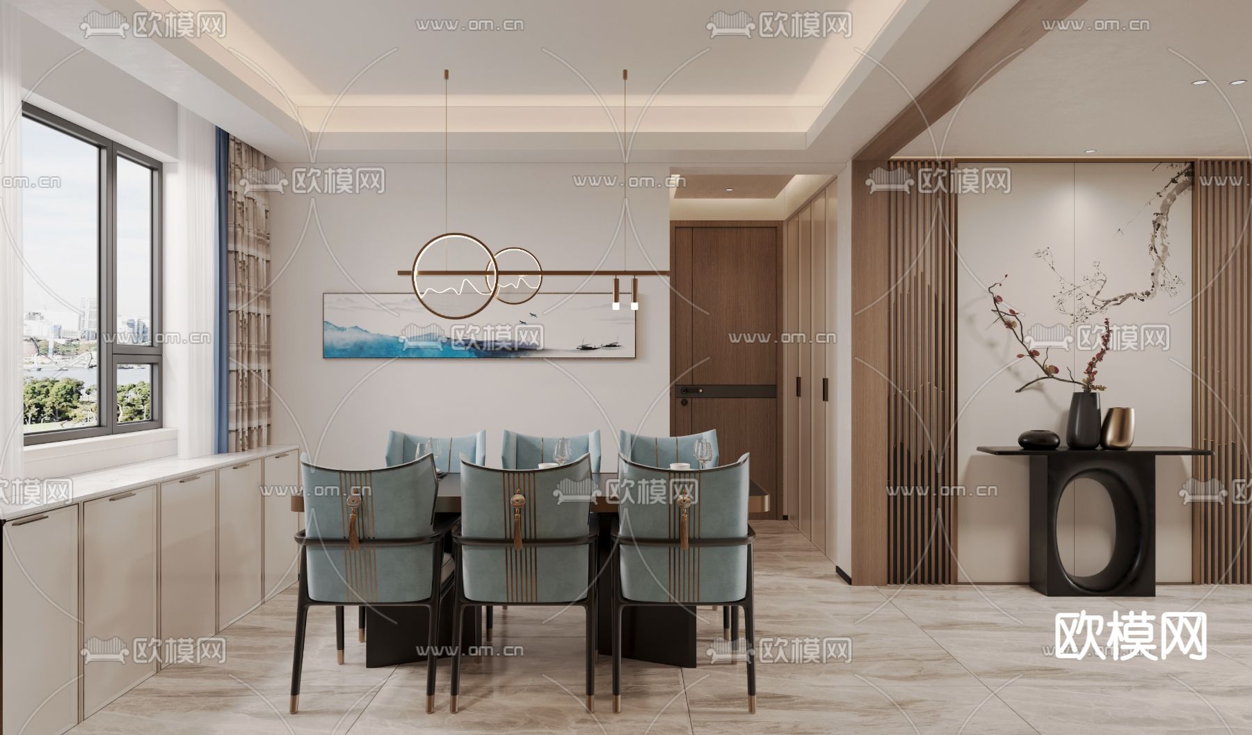 新中式客厅 餐厅免费3d模型下载（渲染图3）