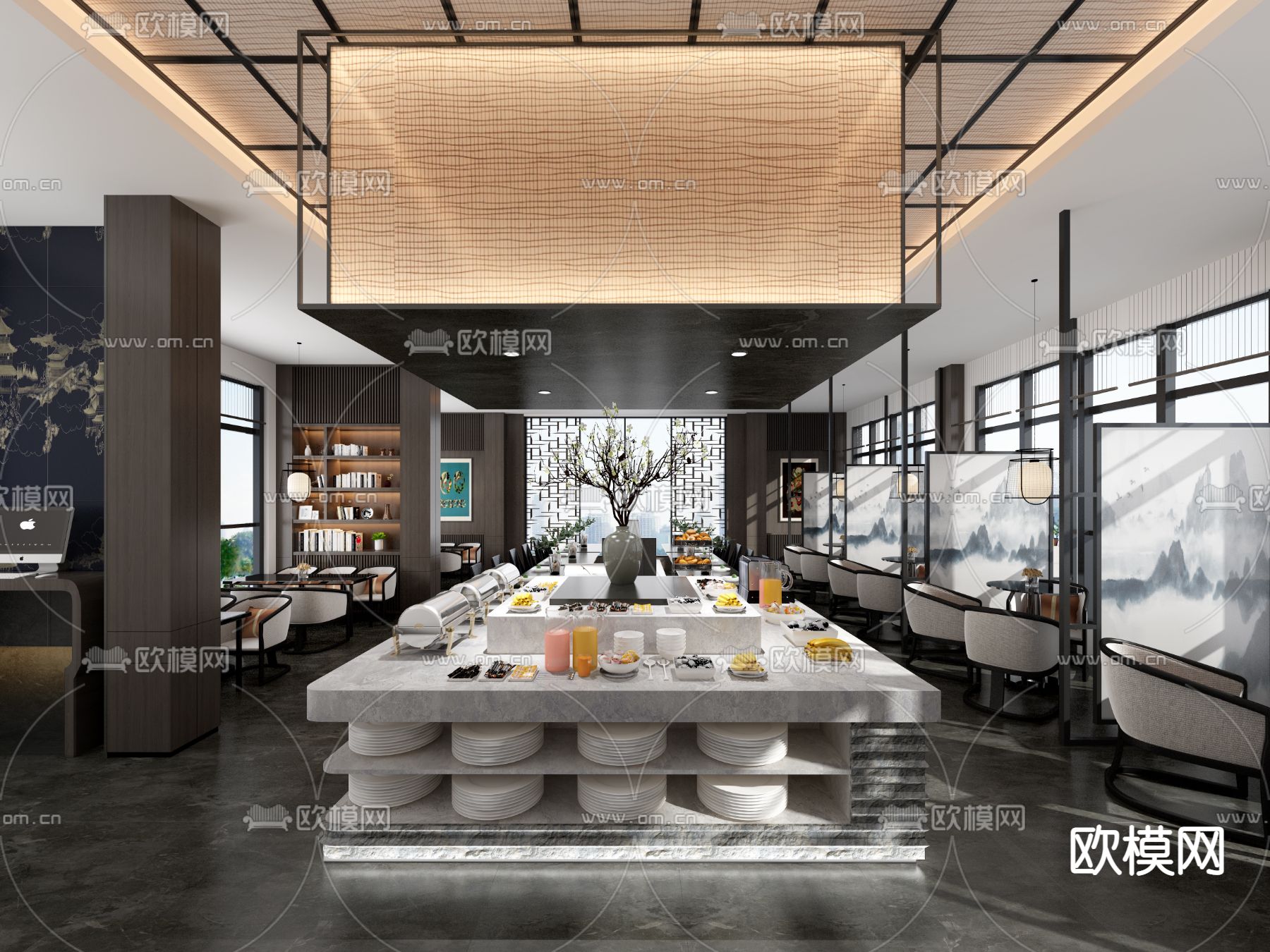新中式自助餐厅3d模型下载