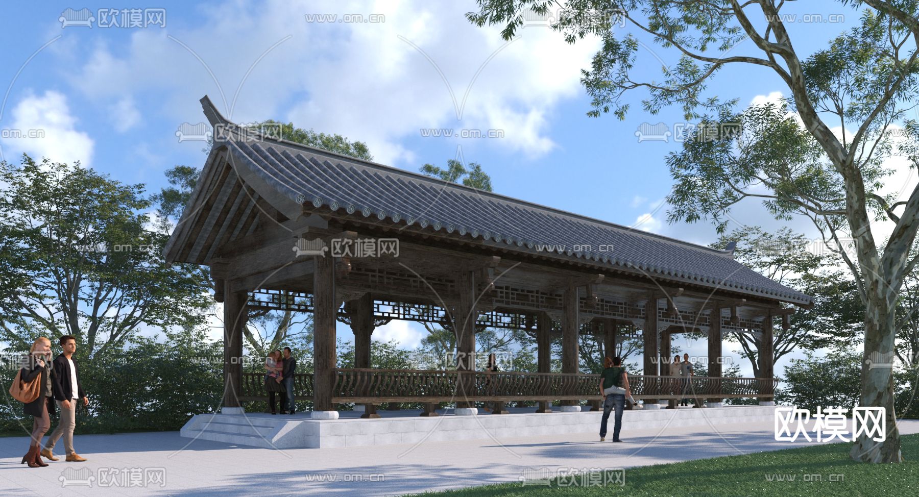 中式廊架3d模型下载