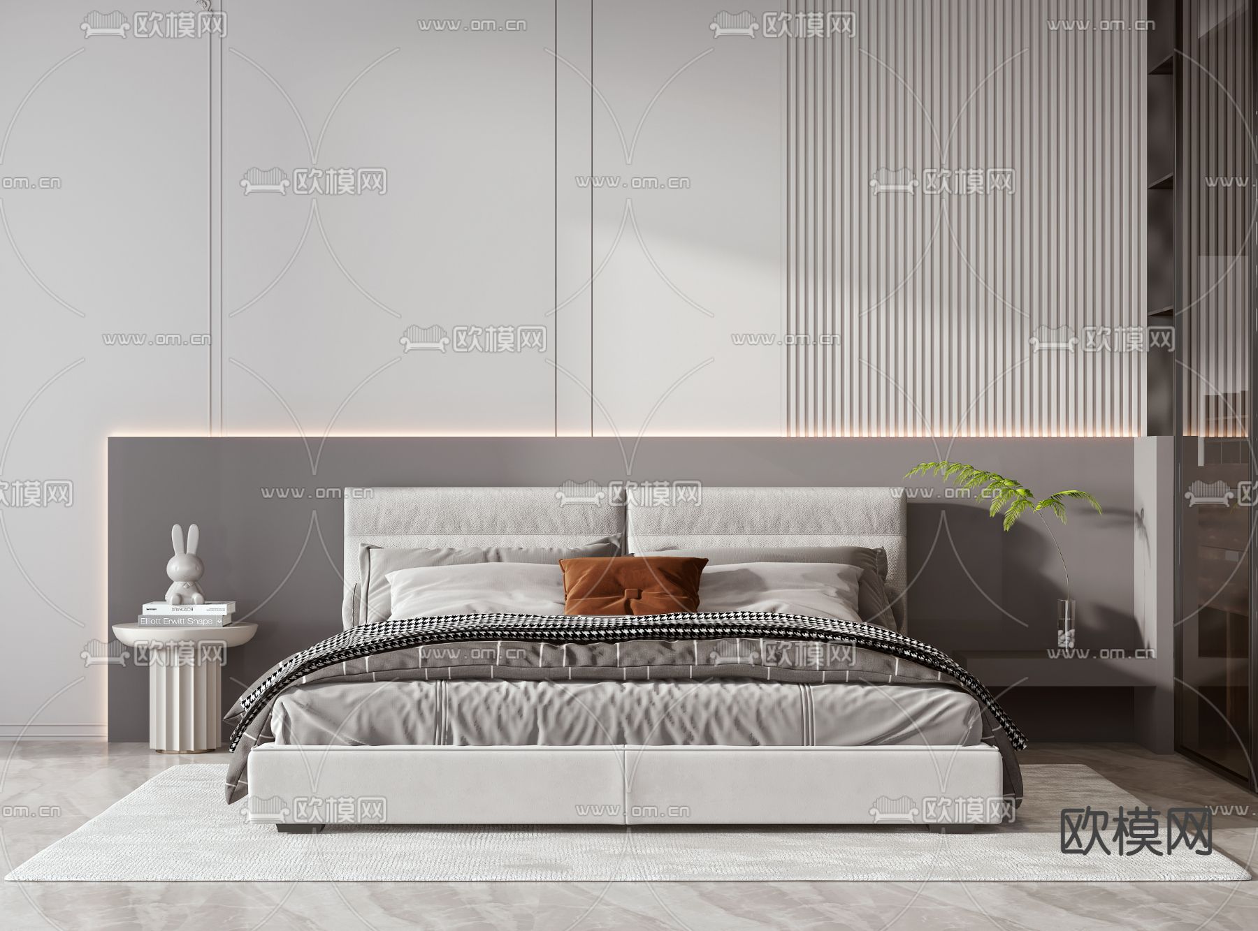 高级灰双人床3d模型下载（渲染图1）