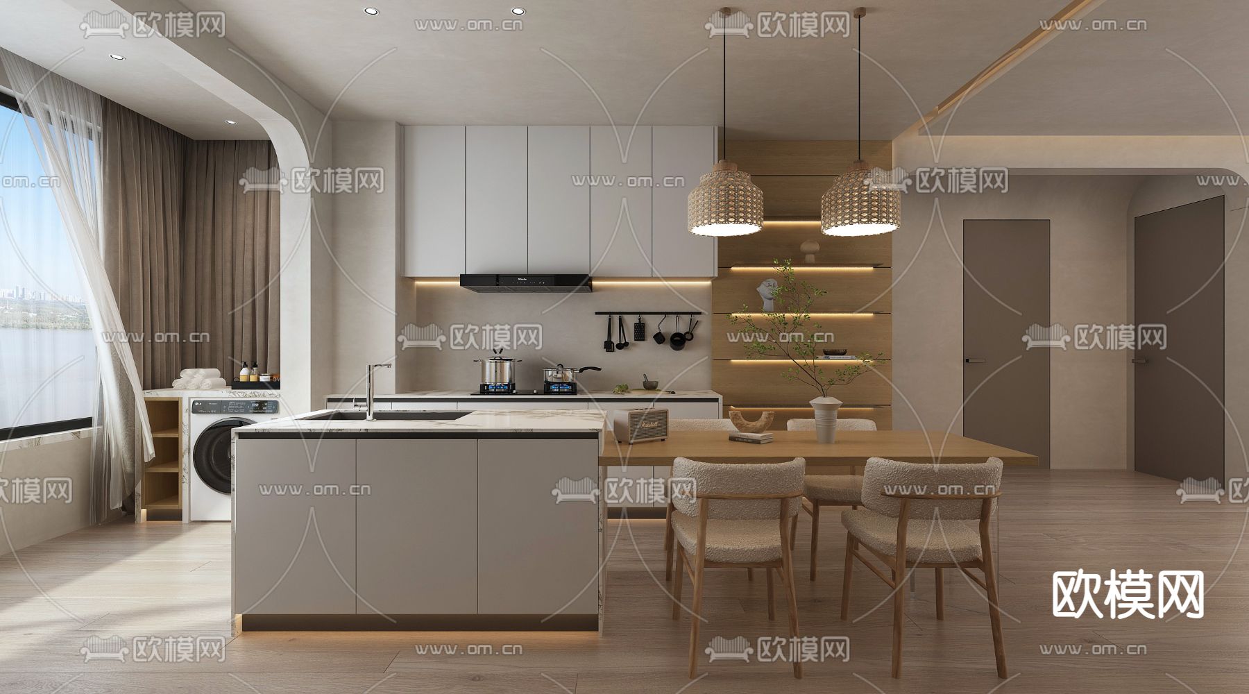 侘寂风厨房 餐厅免费3d模型下载（渲染图2）