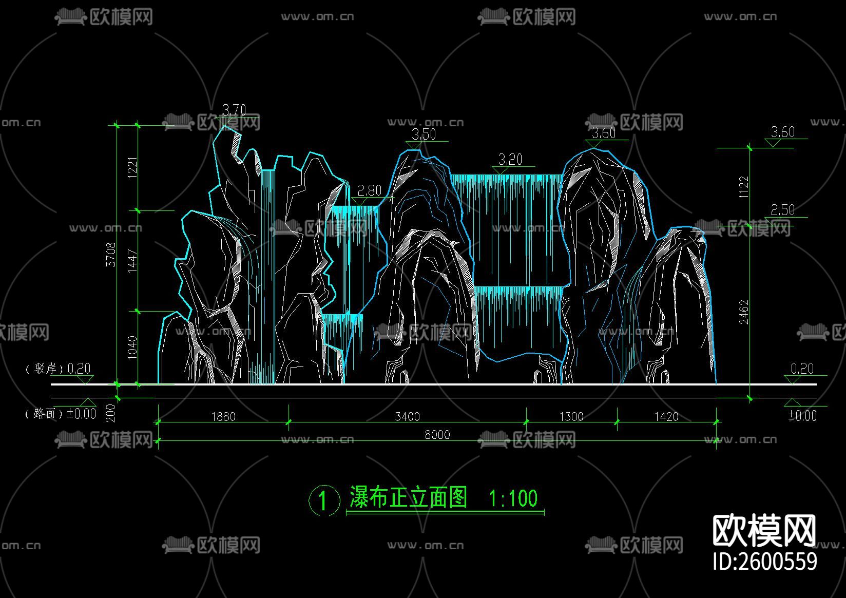 中式假山叠石跌水CAD节点大样下载（渲染图1）